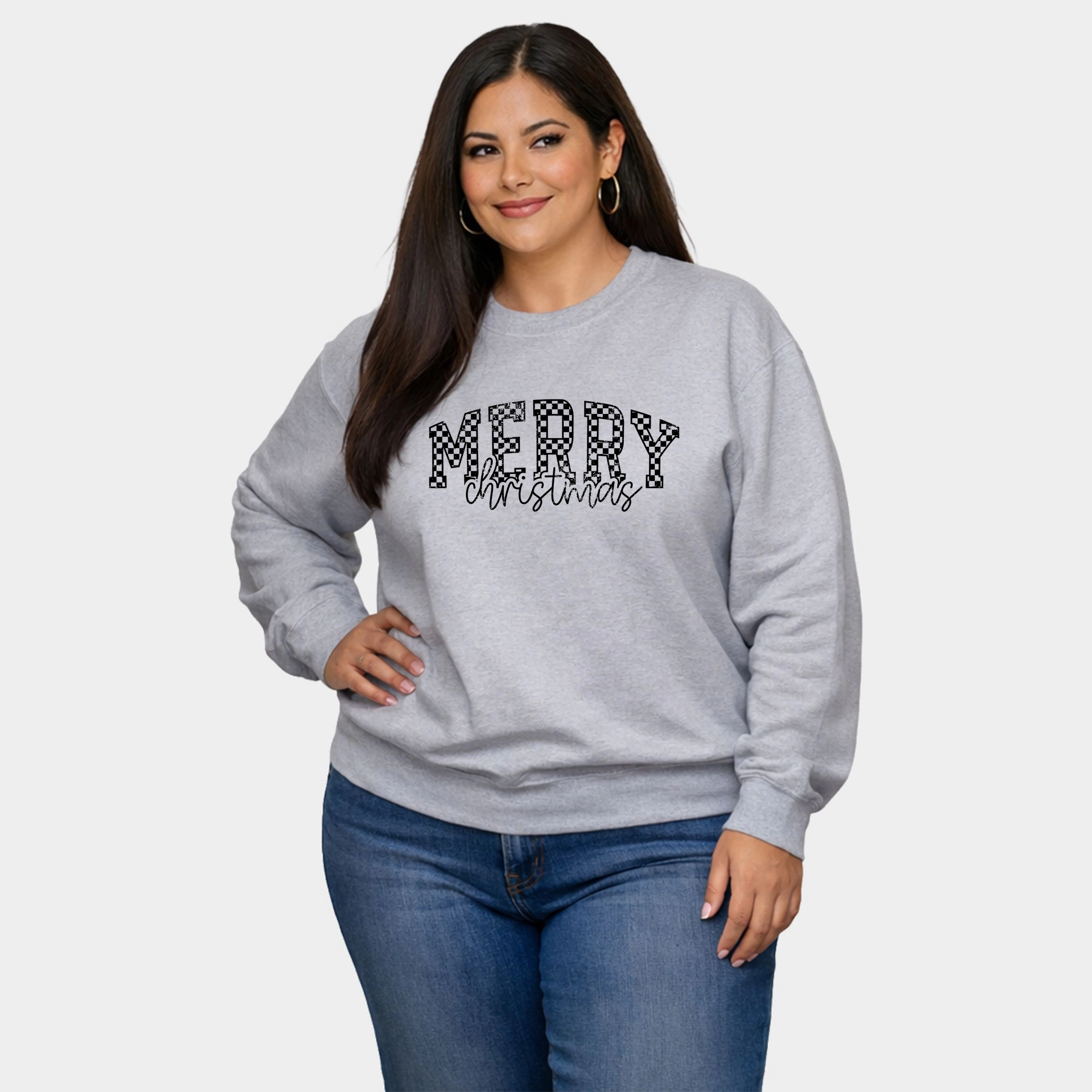 Simply Sage Market - Women's Plus Sweatshirt Merry Christmas Varsity Checkered
