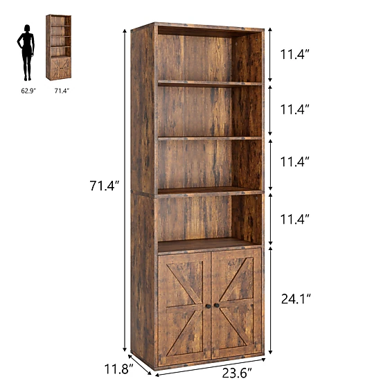 BebreezChic Tall Bookcase with Doors, 4-Tier Wooden Bookshelf