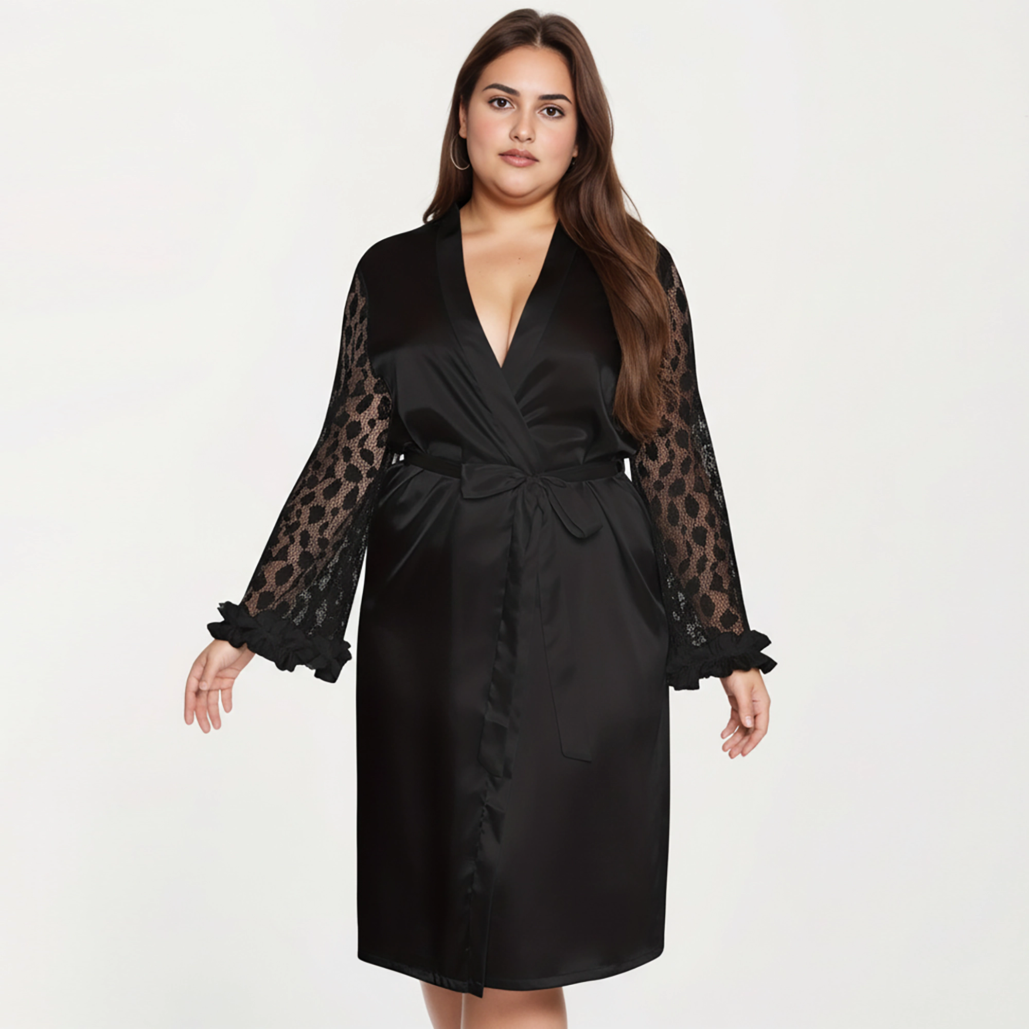 Anna-Kaci Women's Plus Satin Robe with Sheer Floral Lace Sleeves Ruffled Cuffs and Adjustable Waist Tie