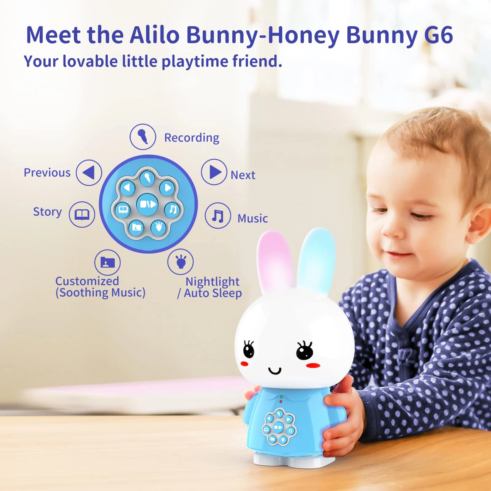 Alilo Honey Bunny Kids Audio Player with 80+ Songs, Stories & Soothing Sounds, Nightlight Teething Ears
