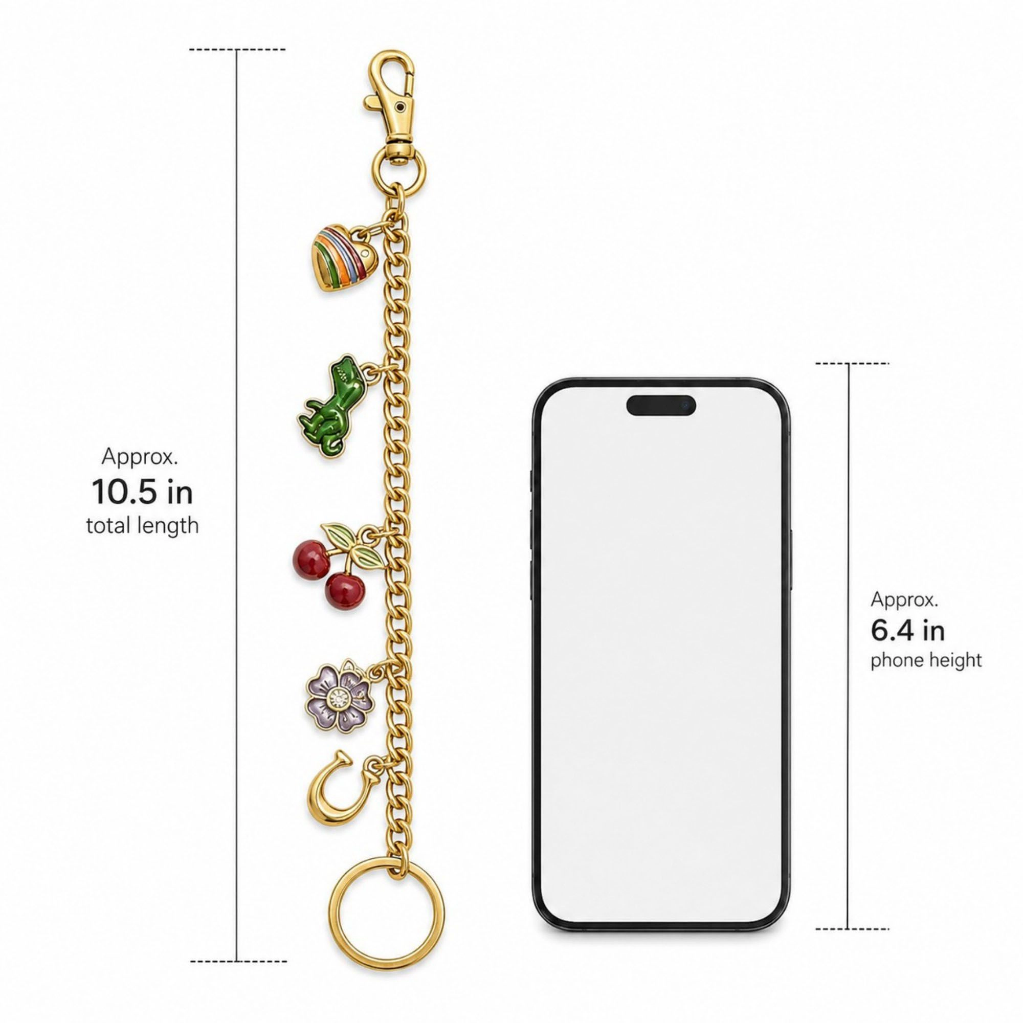 Alilang Women's Gold Tone Charm Chain Bag Accessory with Cherry Dinosaur Heart Flower and Horseshoe Accents