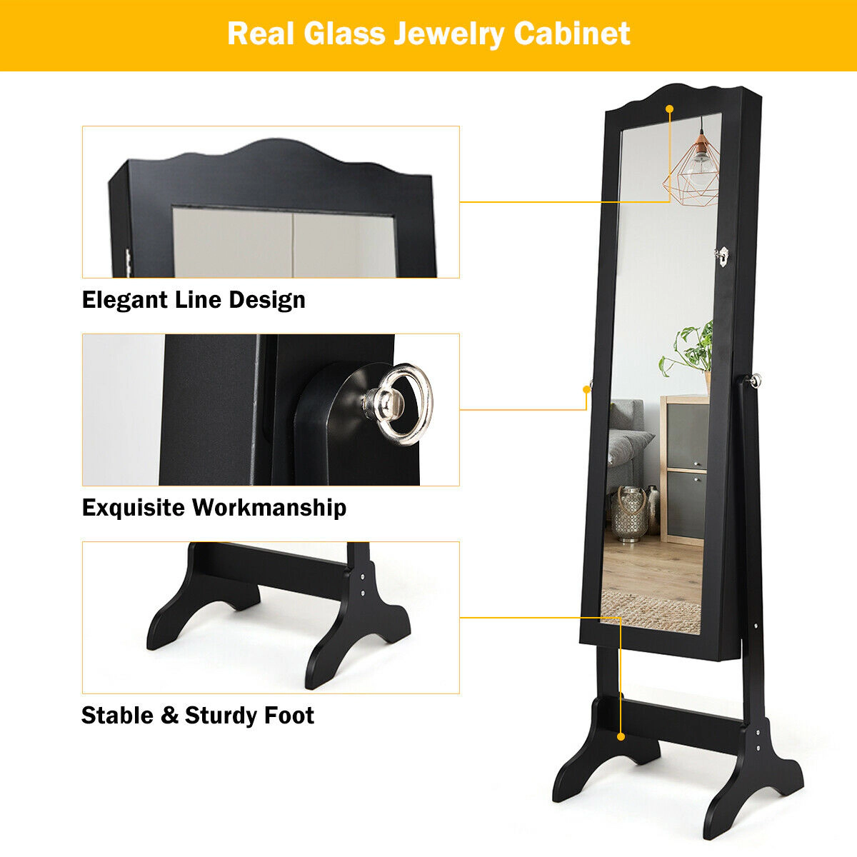 SUGIFT Full-Length Mirrored Lockable Jewelry Cabinet Armoire Organizer 43.5-in Glass Mirror & 18.5-in Wide MDF Frame