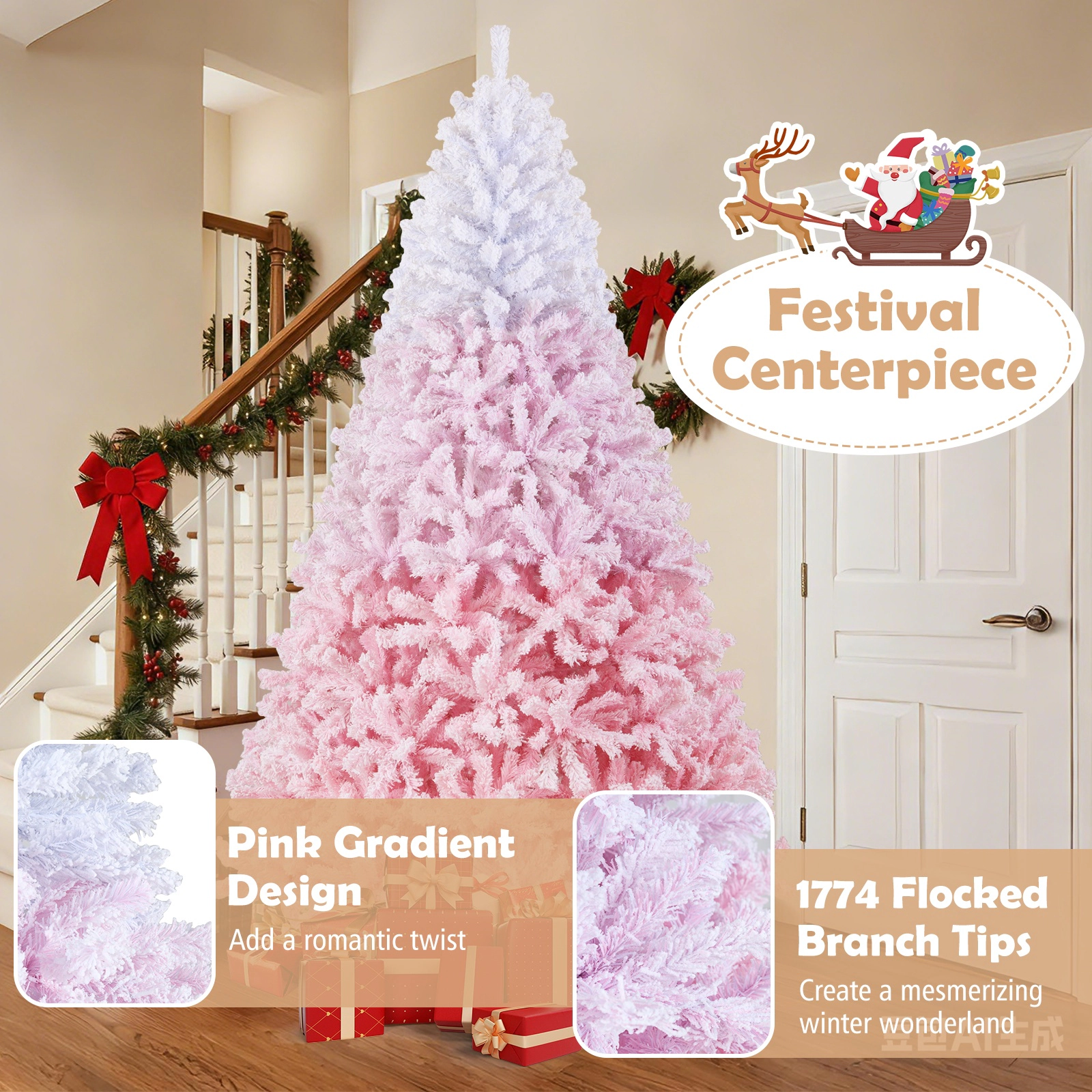 SUGIFT Flocked Gradient Pre-Lit Artificial Christmas Tree Warm White LED Lights & 8 Modes 8 Feet White to Pink/White