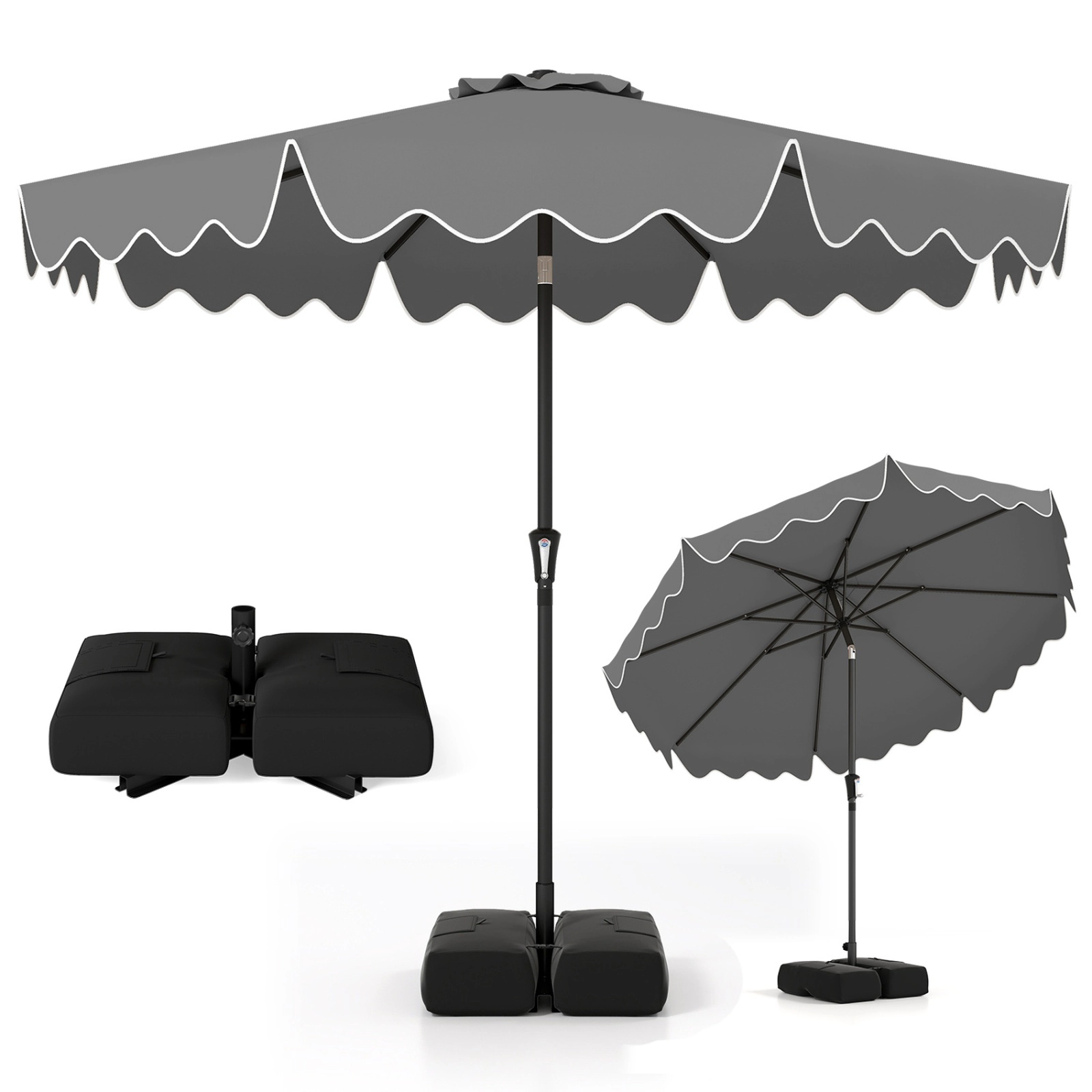 SUGIFT 9 x 8 ft Gray Ruffled Market Patio Umbrella with Crank Lift, Manual Tilt, Vented Double-Tier Top and 2 Sandbags