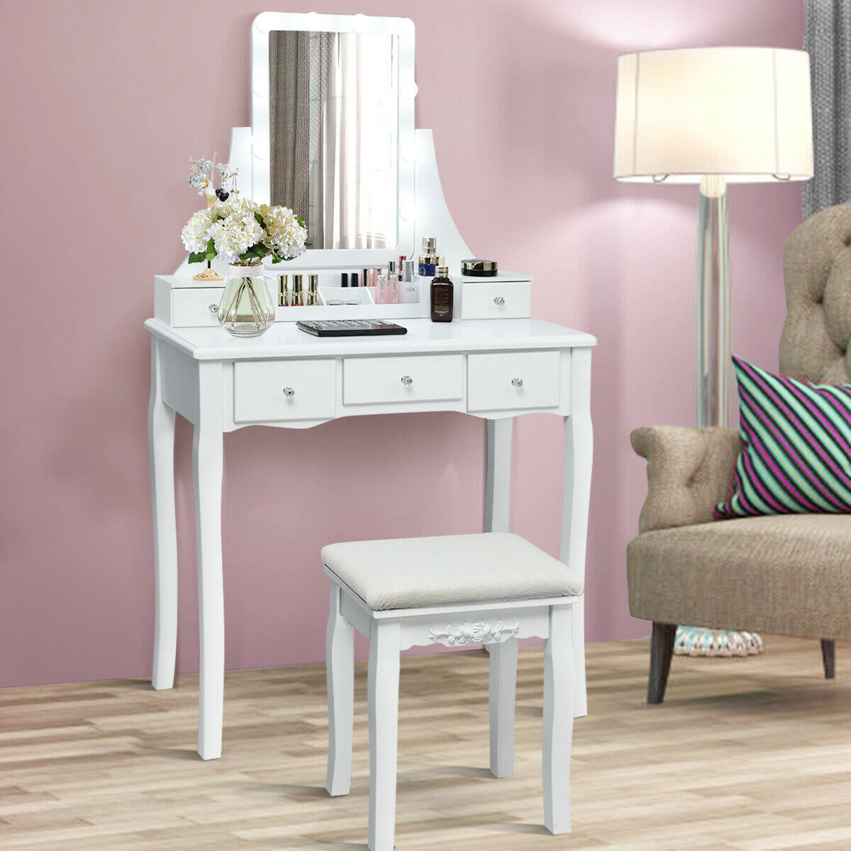 SUGIFT 10 Dimmable Light Bulbs Vanity Dressing Table with Removable Storage Box & Cushioned Stool 286-lb Table Capacity