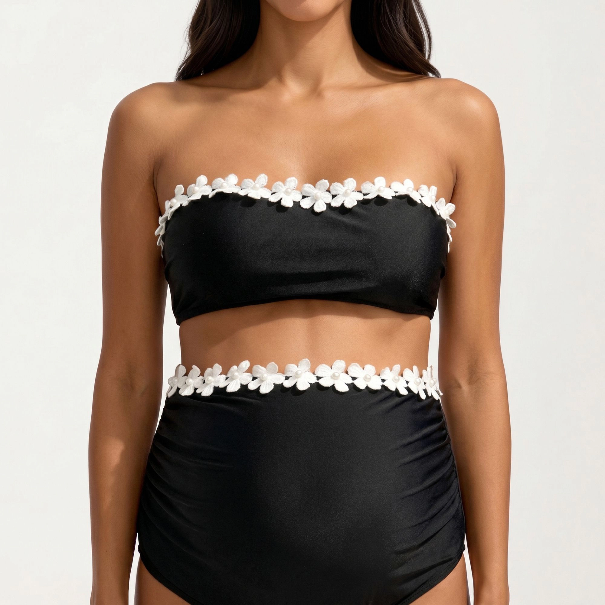 Anna-Kaci Women’s Maternity Floral-Trim Bandeau Two-Piece Swimsuit - High Waist Tummy Control