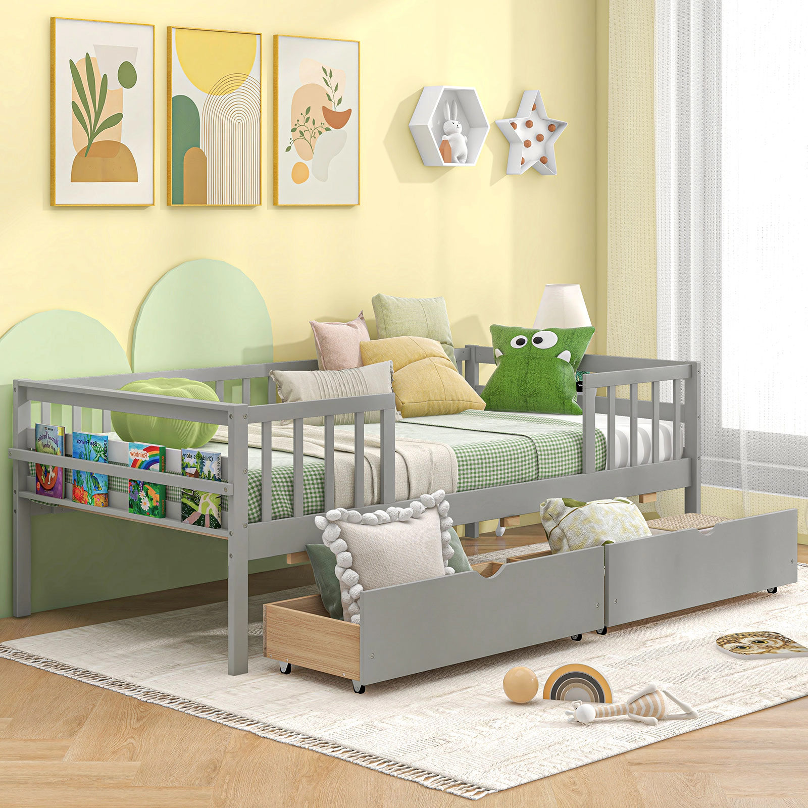 SUGIFT Gray Fence and 2 Storage Drawers for Boys and Girls Twin Kids Daybed