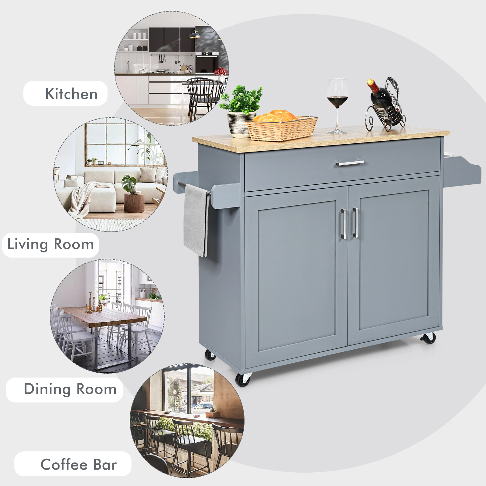 SUGIFT Rolling Kitchen Island Cart Gray with Towel Rack Spice Rack and Adjustable Shelf