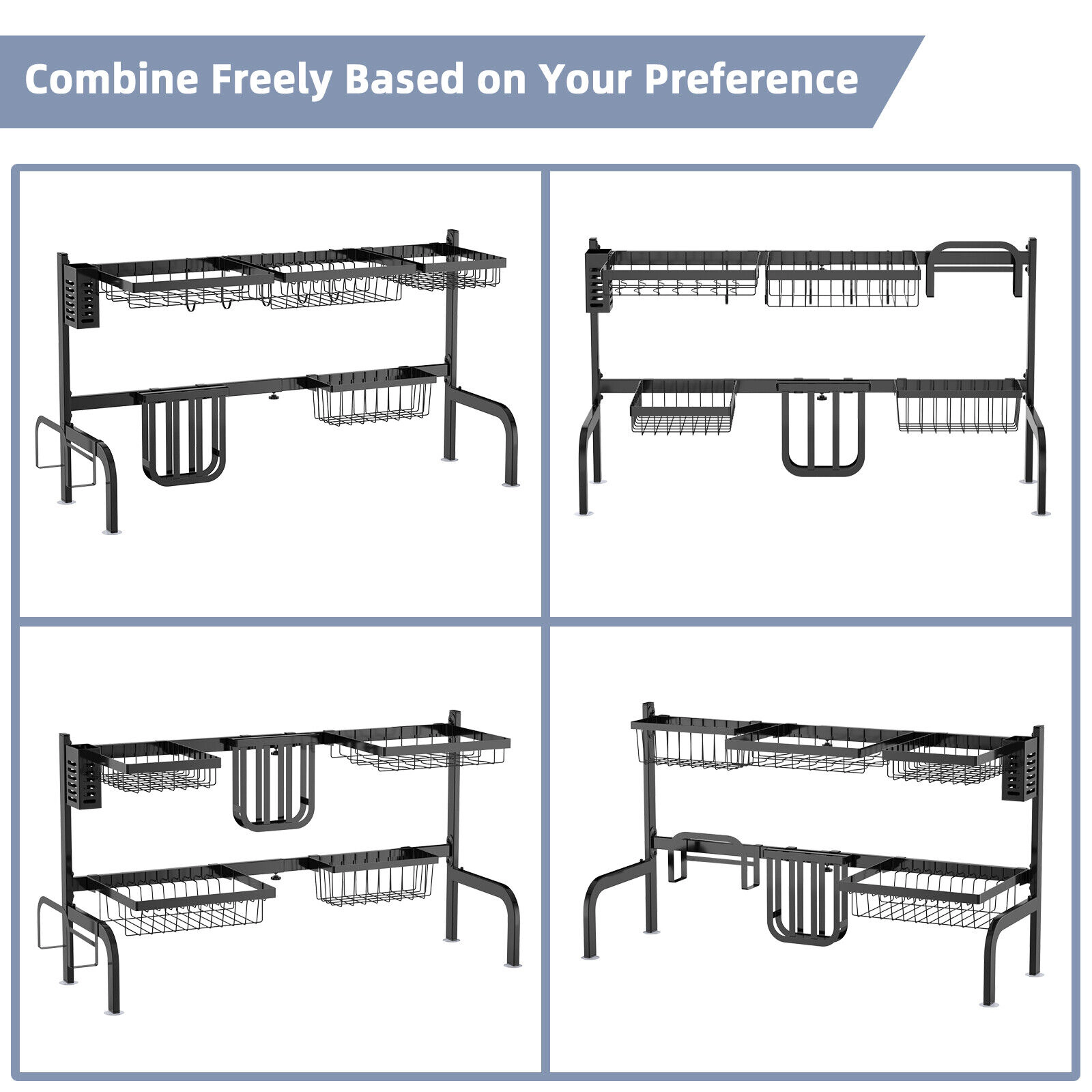 SUGIFT 2-Tier Adjustable Over Sink Dish Drying Rack 4 Baskets 5 Hooks 110-lb Total 22-lb per Basket 21-39-in Wide Black
