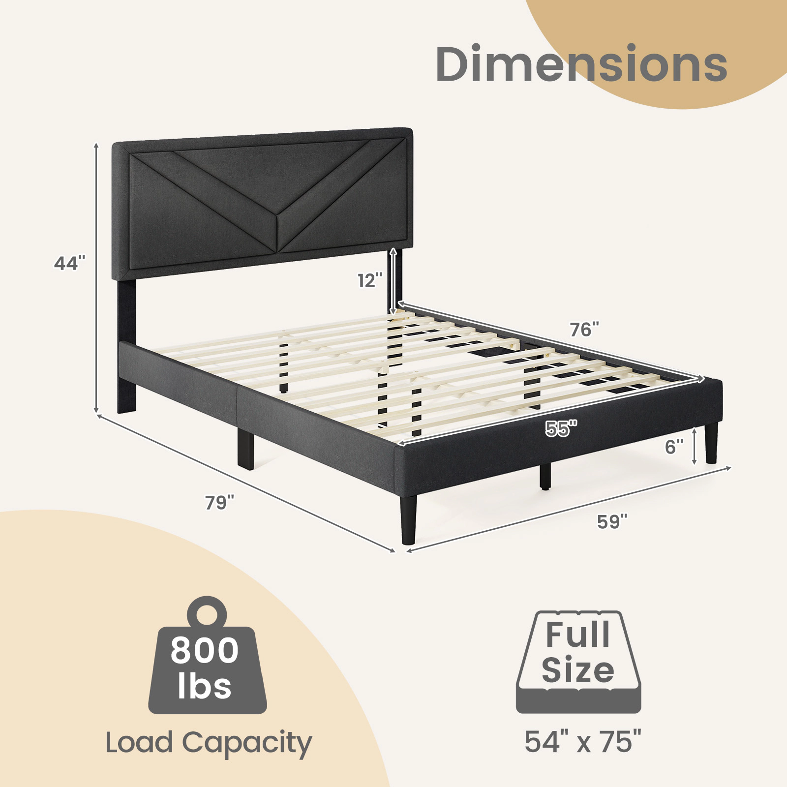 SUGIFT Upholstered Full Size Platform Bed Frame with Tufted Headboard and Wooden Slats 800-lb Capacity Gray
