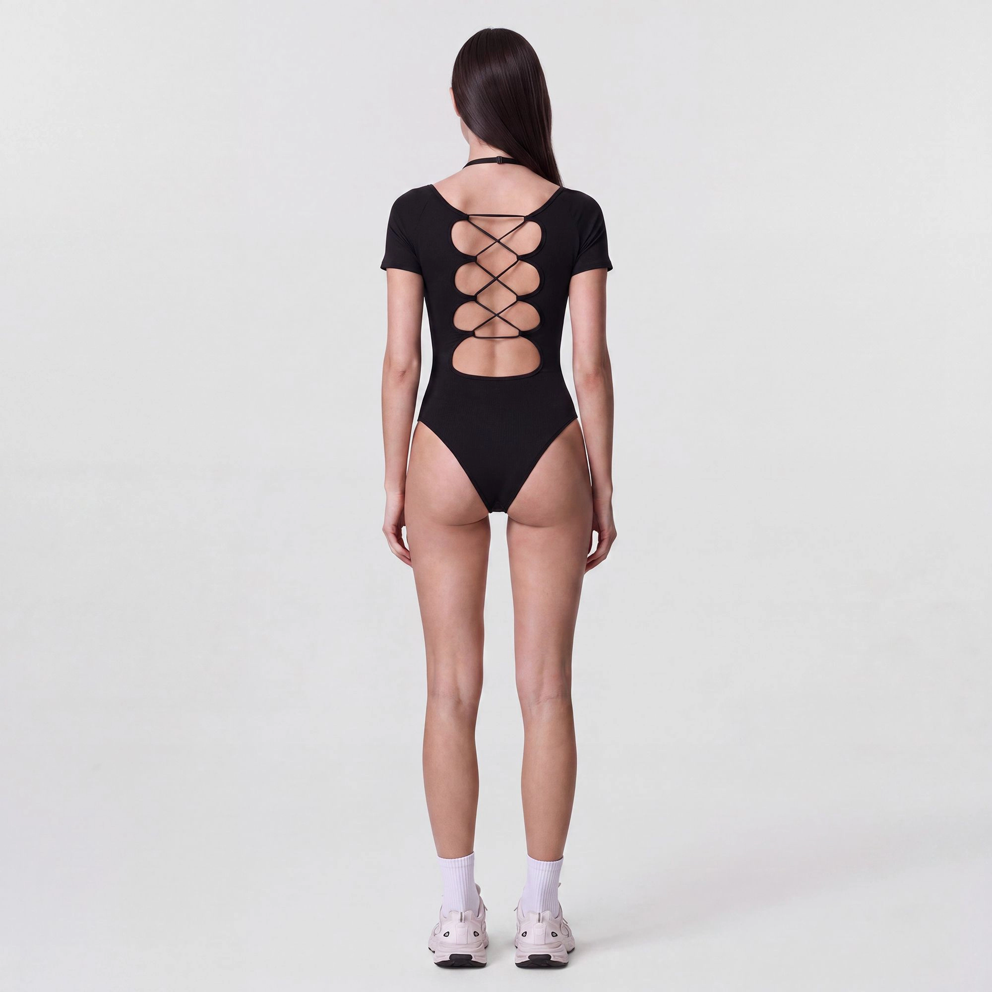 Anna-Kaci Women's Short Sleeve One-Piece Bodysuit with Built-In Padding Open Back Stretch Fit and Quick-Dry Fabric