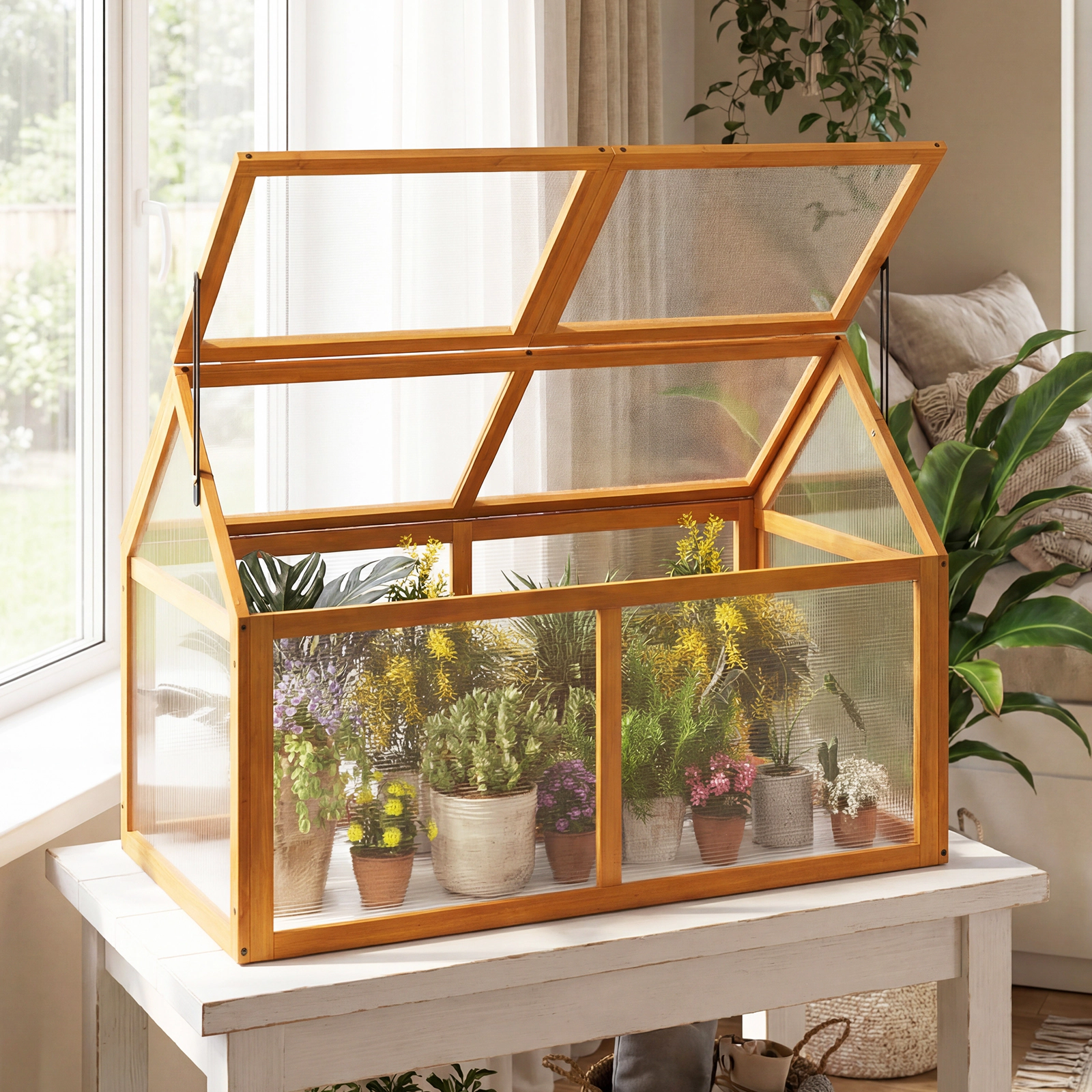 LJG Wood Cold Frame Greenhouse Raised Flower Planter Protection with Adjustable Roof