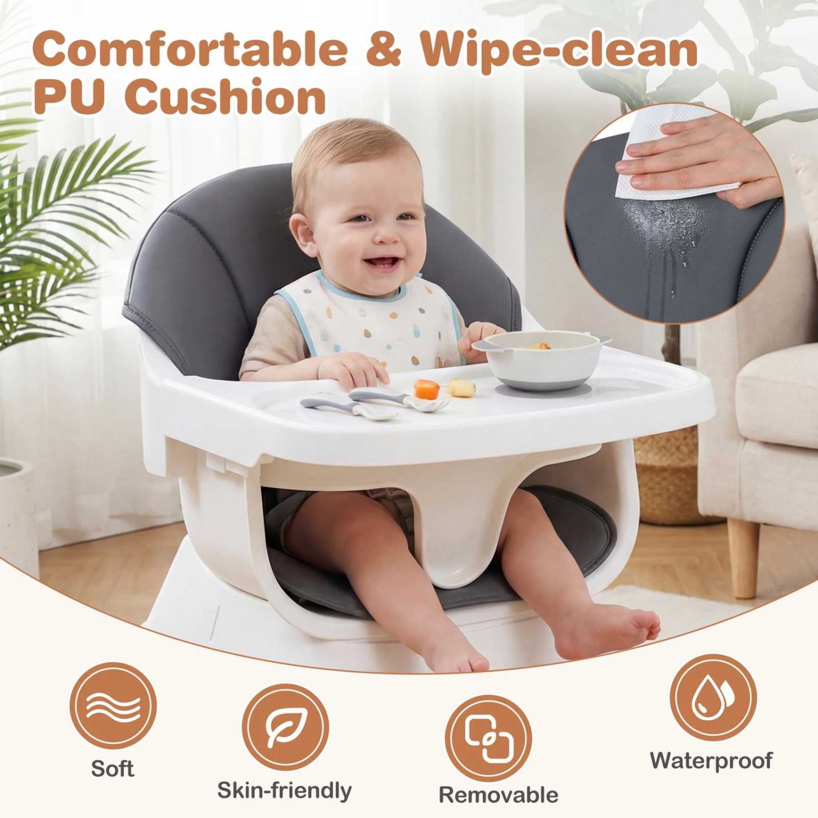Solid Beech Wood Convertible High Chair for Babies and Toddlers 3-Position Tray Wide Footrest X-Brace Gray