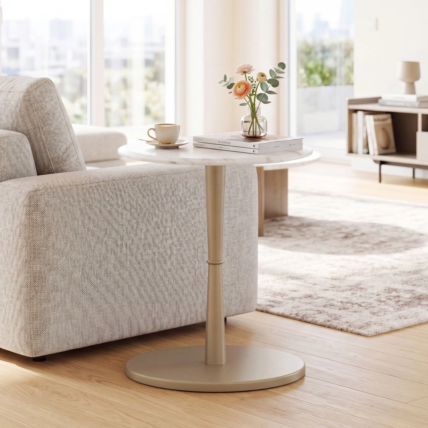 SlickBlue White Marble Side Table with Gold Base and Wood Support