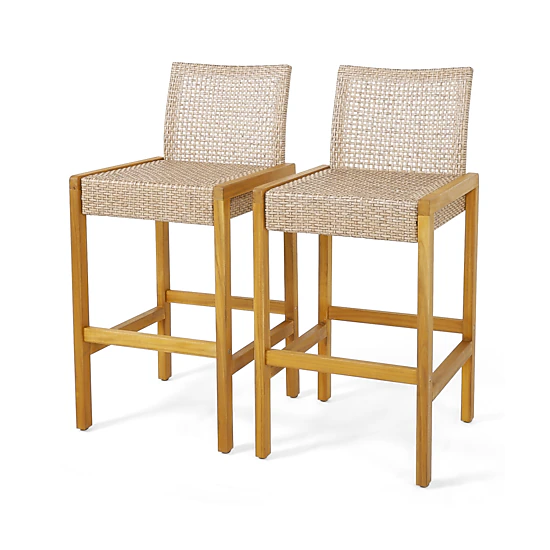 SUGIFT Rattan Patio Barstools Dining Chairs with Backrest 400-Lb Capacity 30-in Seat Height Light Brown Teak
