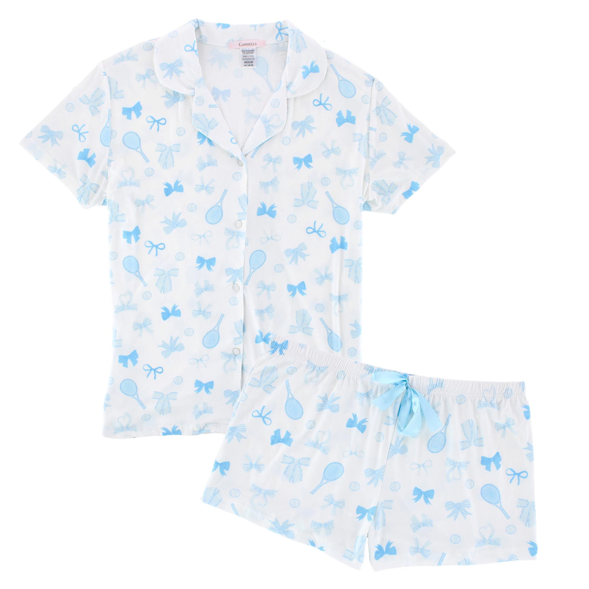 CTM Women's Tennis and Bows Notched Collar Short Pajama Set