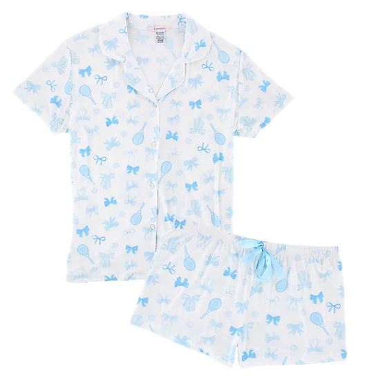 CTM Women's Tennis and Bows Notched Collar Short Pajama Set