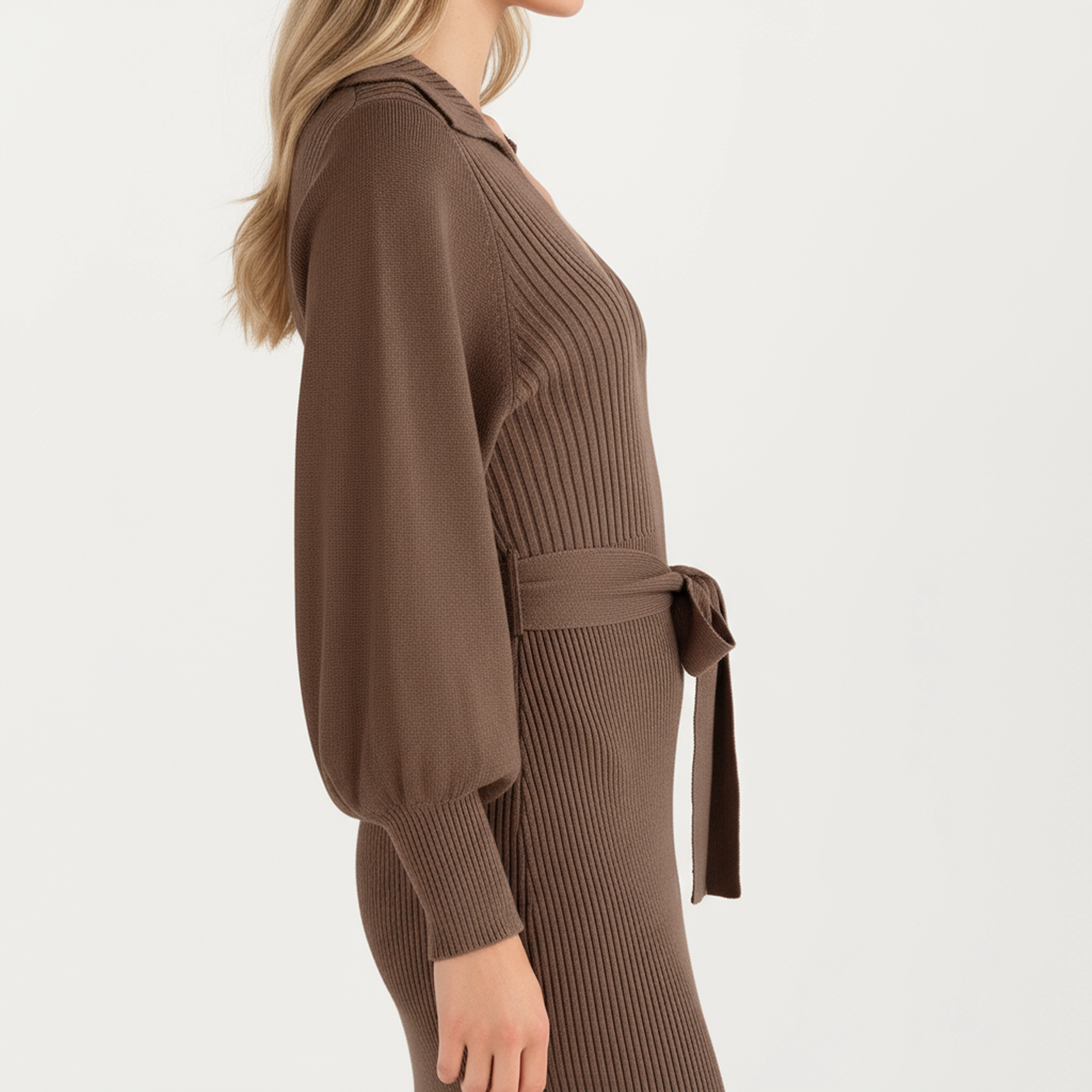 Anna-Kaci Women's Long Sleeve Ribbed Knit V-Neck Waist Tie Midi Dress