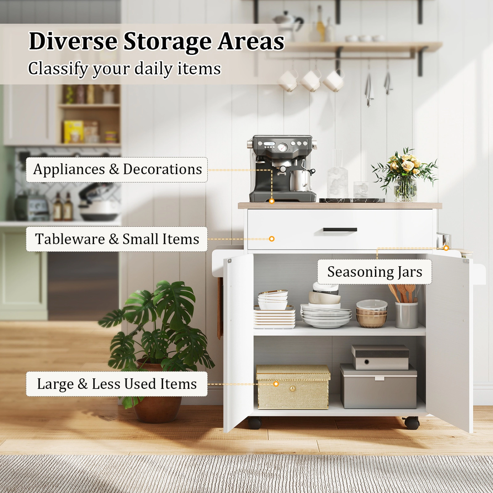 SUGIFT Rolling Kitchen Island Cart White with Wide Drawer and 2-Tier Storage Cabinet