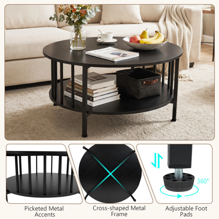 Hivvago 2-Tier Round Coffee Table With Storage Shelf And Metal Accents