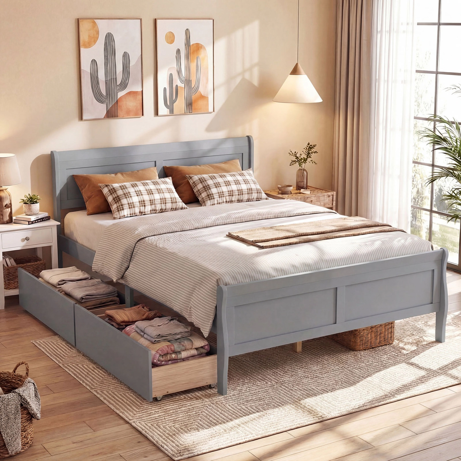 SUGIFT Queen Size Bed Frame with Modern Headboard Footboard and 2 Storage Drawers 350-Lb Capacity Gray