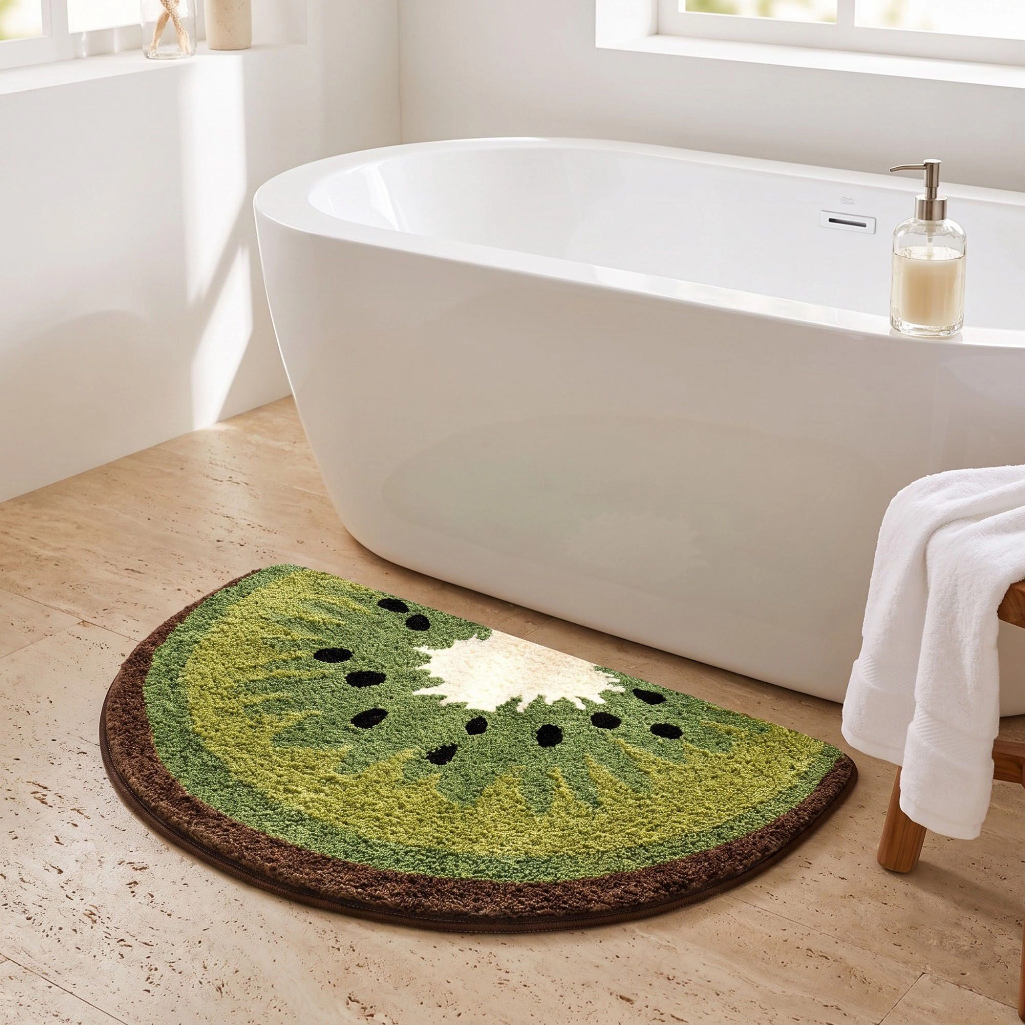 Alilang Unisex Kiwi Fruit Slice Plush Semicircle Bathroom Mat with Green Tufted Design