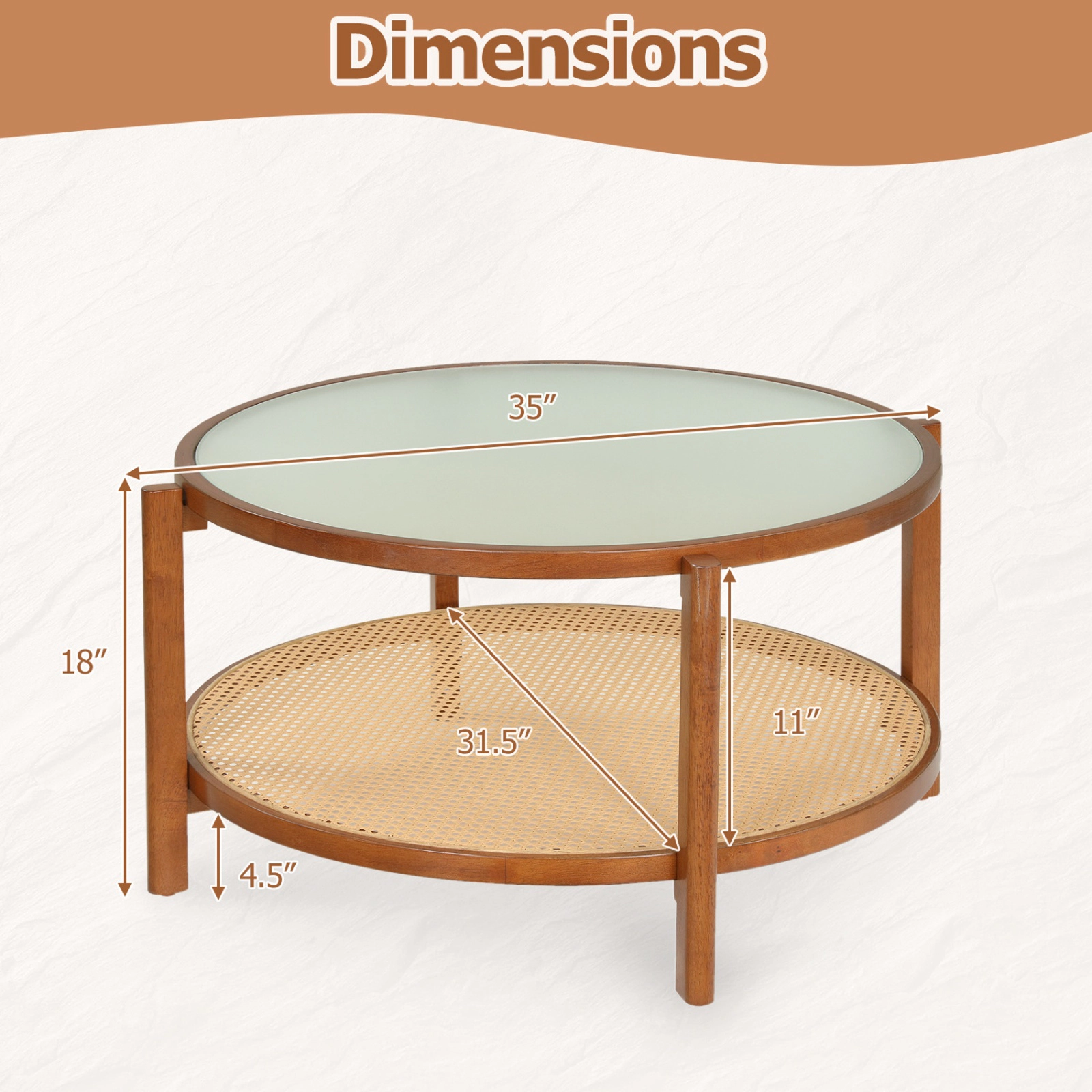 SUGIFT 2-Tier Round Frosted Glass Top PE Rattan Shelf Coffee Table 35-in x 35-in x 18-in 110-lb Capacity Walnut