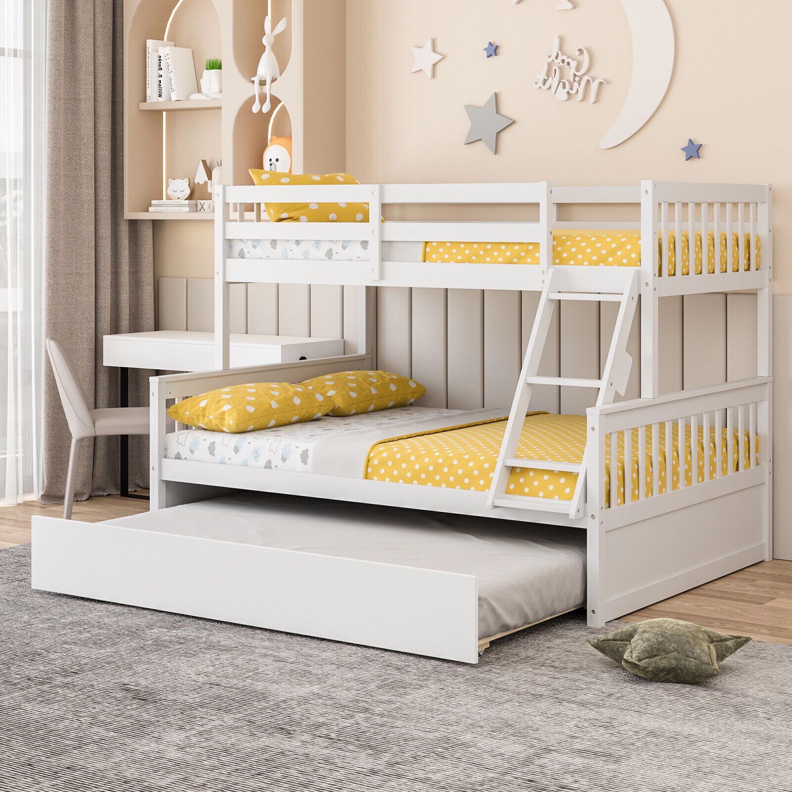 SUGIFT White Twin Over Full Solid Pine Convertible Bunk Bed with Twin Trundle Guardrails and 3-Step Ladder