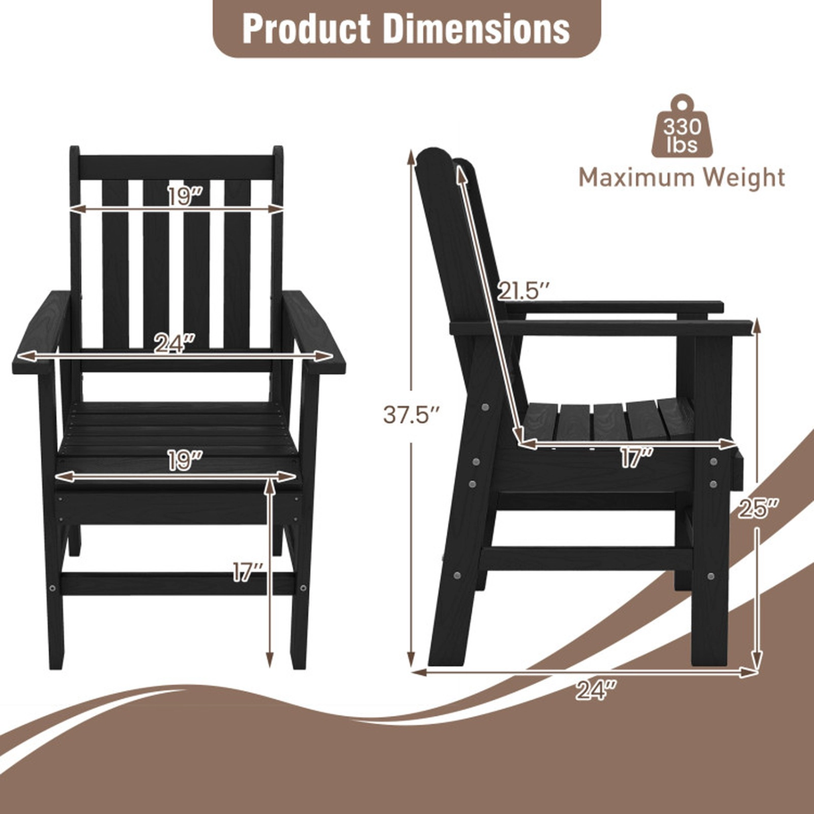 SUGIFT Set of 4 All Weather HDPE Slatted Armrests Patio Dining Chairs 24-in x 24-in x 37.5-in 330-lb Capacity Black