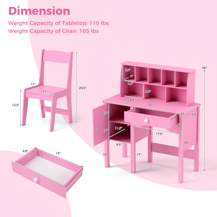Hivvago Kids Study Desk And Chair Set With Chair Hutch And Storage Cabinet For 3+ Years Old