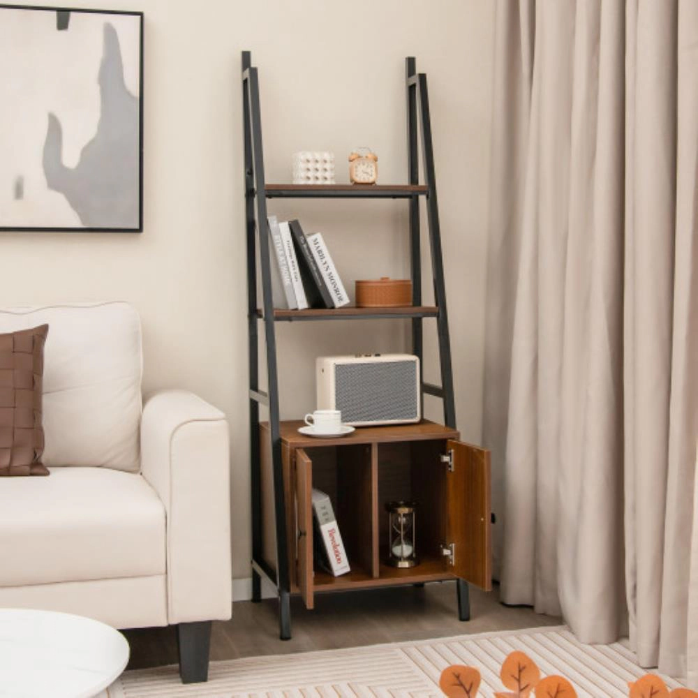 Hivvago 4-Tier Ladder Shelf with Cabinet and Metal Frame-Rustic Brown