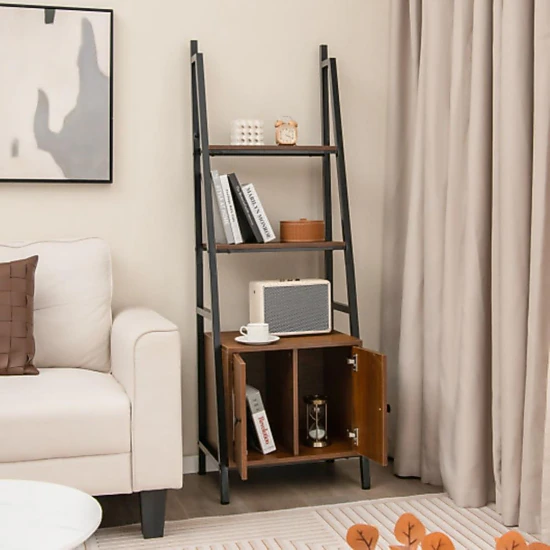 Hivvago Modern Rustic Ladder Shelf with 4 Tiers and Closed Cabinet Storage