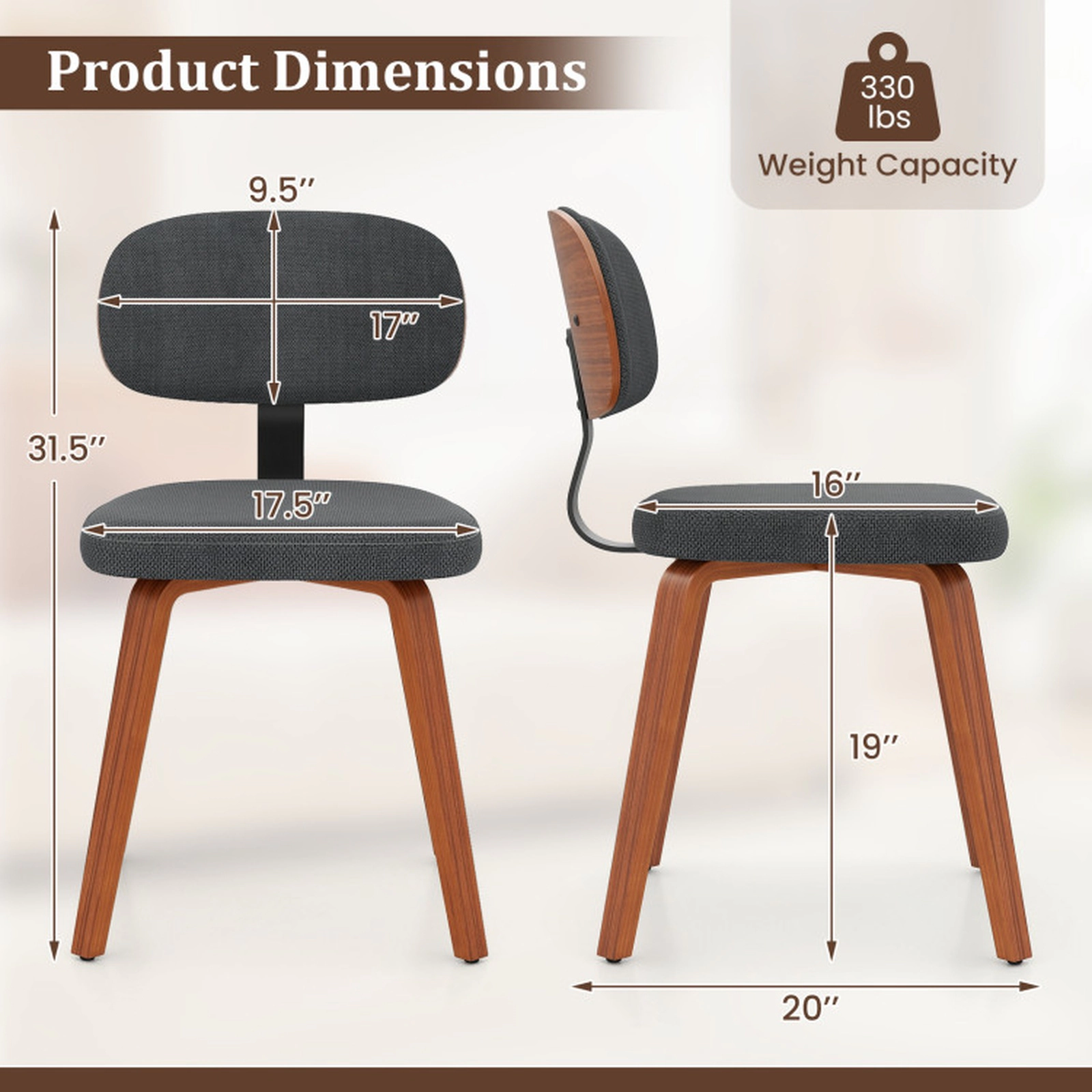 SUGIFT Set of 4 Dark Gray Chenille Upholstered Dining Chairs with Curved Backrests