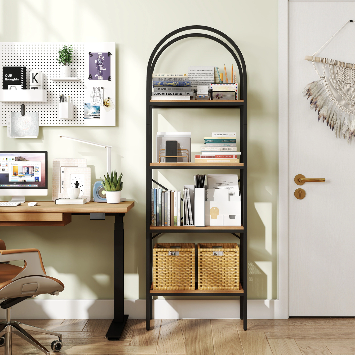 LJG 71" Tall Arched Bookcase 4-Tier with Storage Shelves & Metal Frame for Home Office
