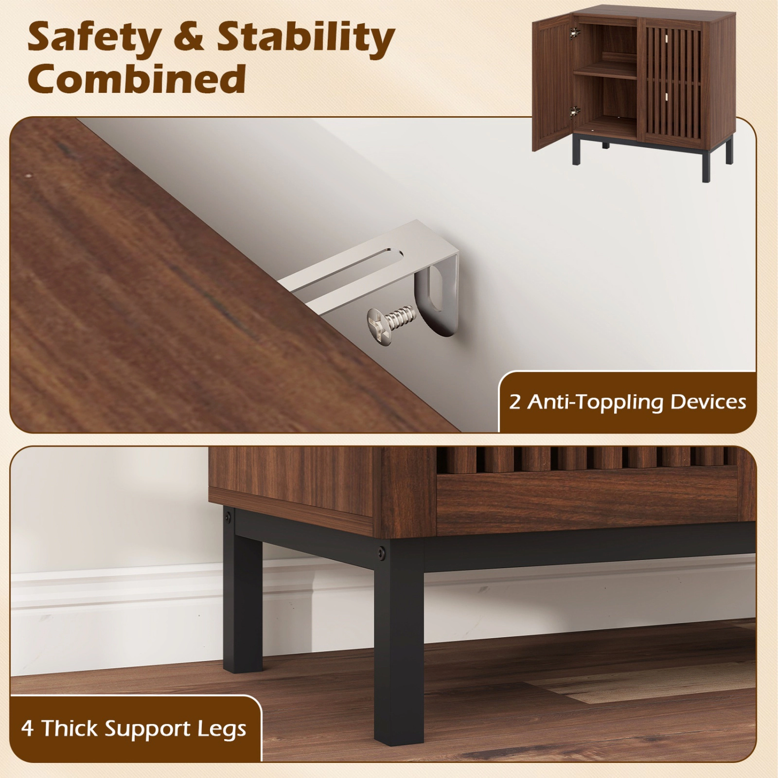 SUGIFT 2-Door Slatted Grille Adjustable Shelf Buffet Sideboard 32-in x 16-in x 32-in 155-lb Capacity Walnut