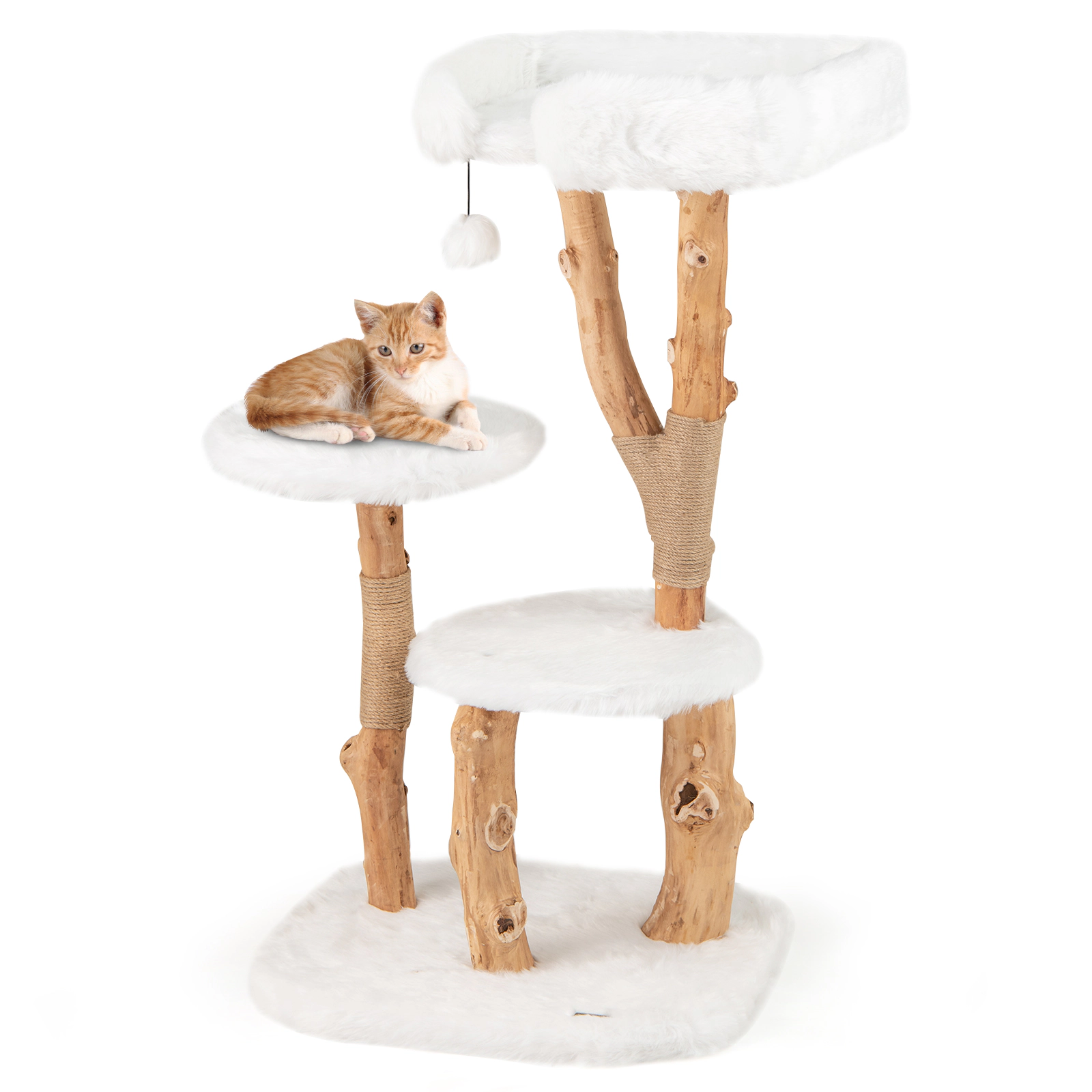 SUGIFT 44-in Solid Wood Cat Tree with Top Perch and Natural Jute Scratching Posts 33-lb Capacity Natural+White