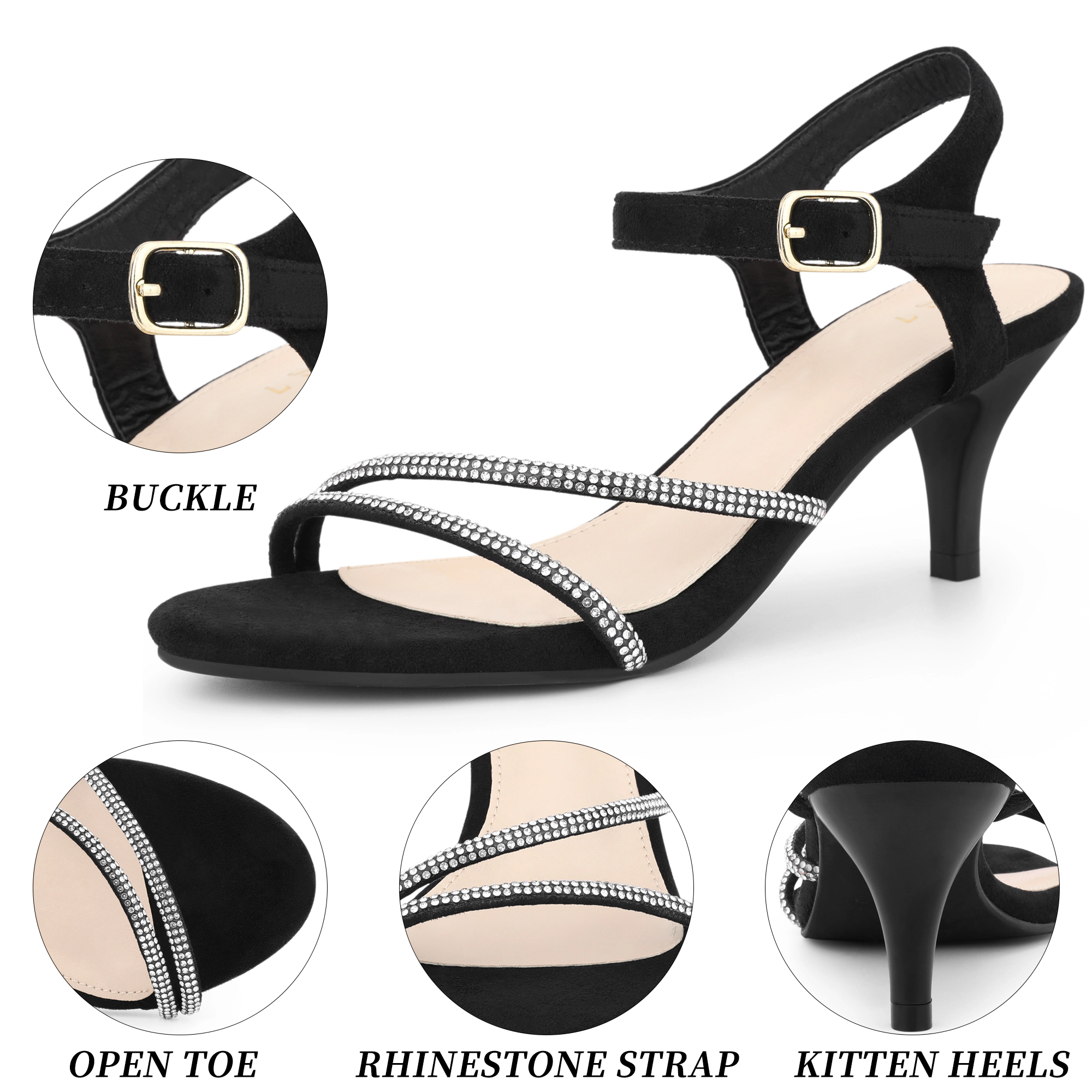 BLISSFUL STEP Women's Ankle Strap Rhinestones Kitten Low Heel Sandals