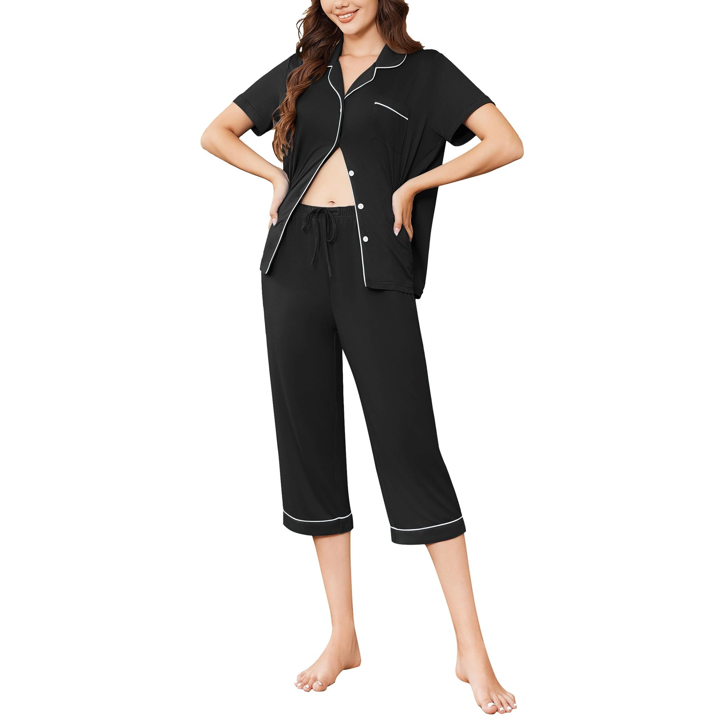 Ekouaer Pajamas for Women Set 2 Piece Pjs Short Sleeve Button Down Sleepwear Capri Pant Lounge