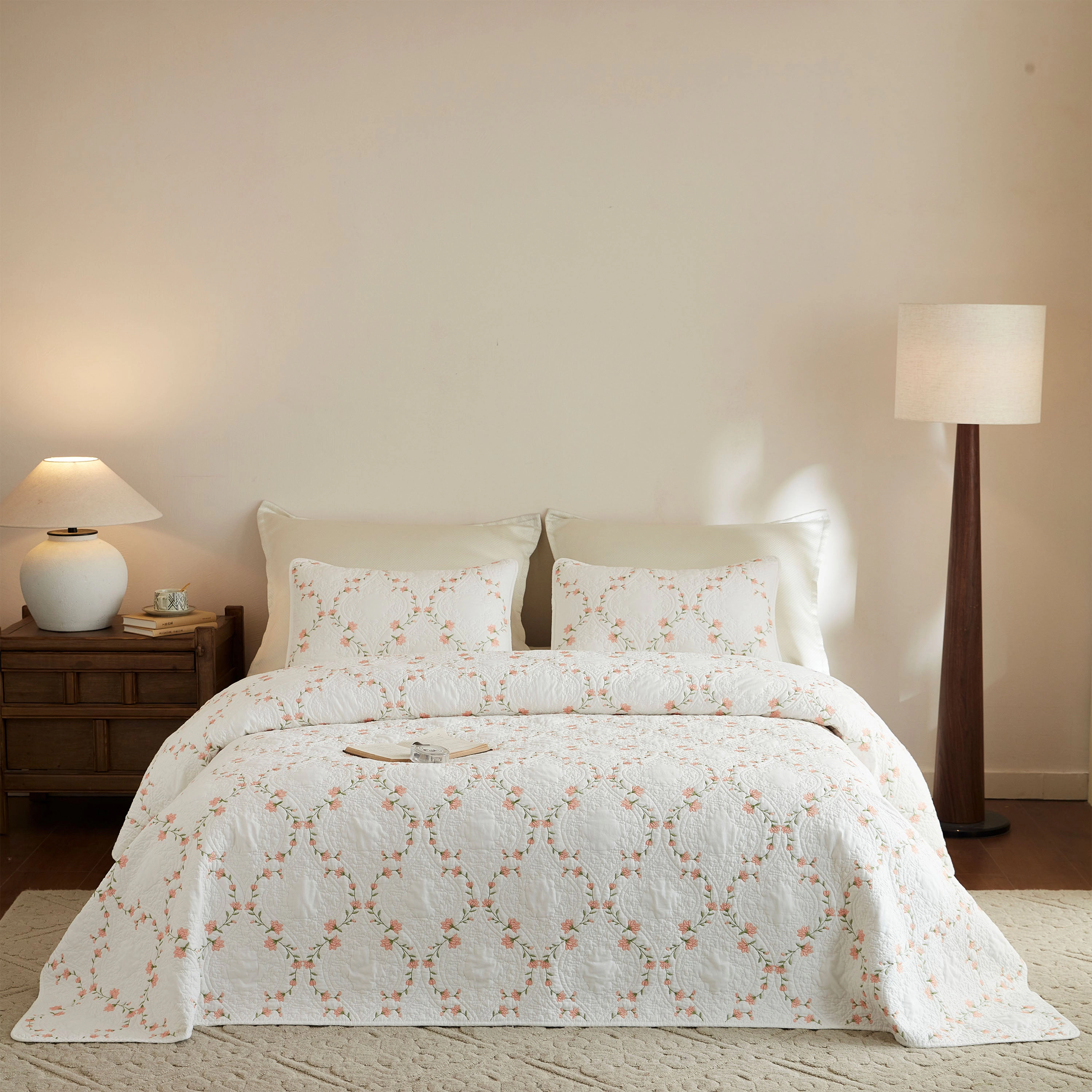 MarCielo 3 Piece 100% Cotton Embroidered Floral Quilt Set – Vintage Farmhouse Bedspread