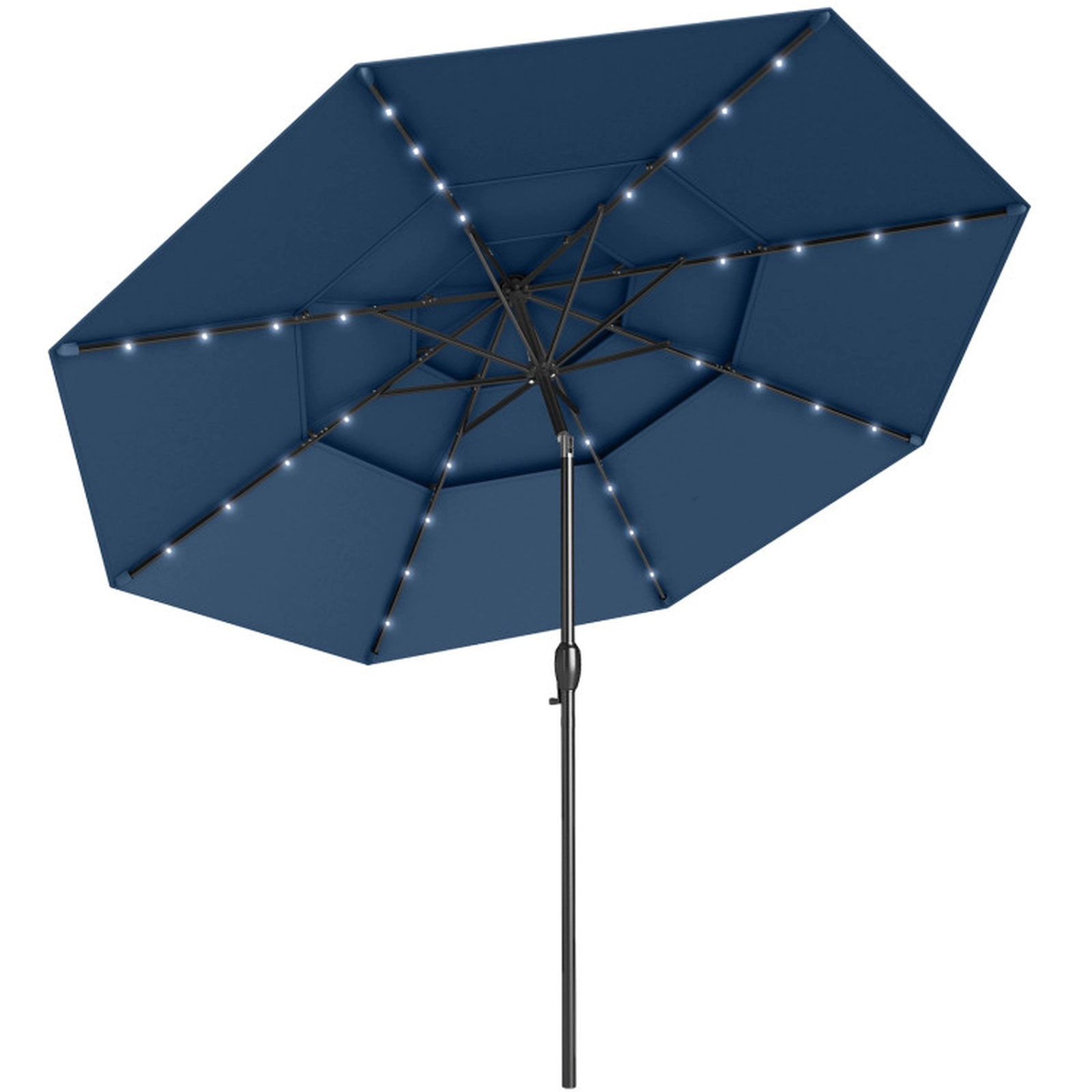 SUGIFT 10-ft Navy Solar Market Patio Umbrella with 32 LED Lights 3-Tier Vented Top and Push Button Tilt