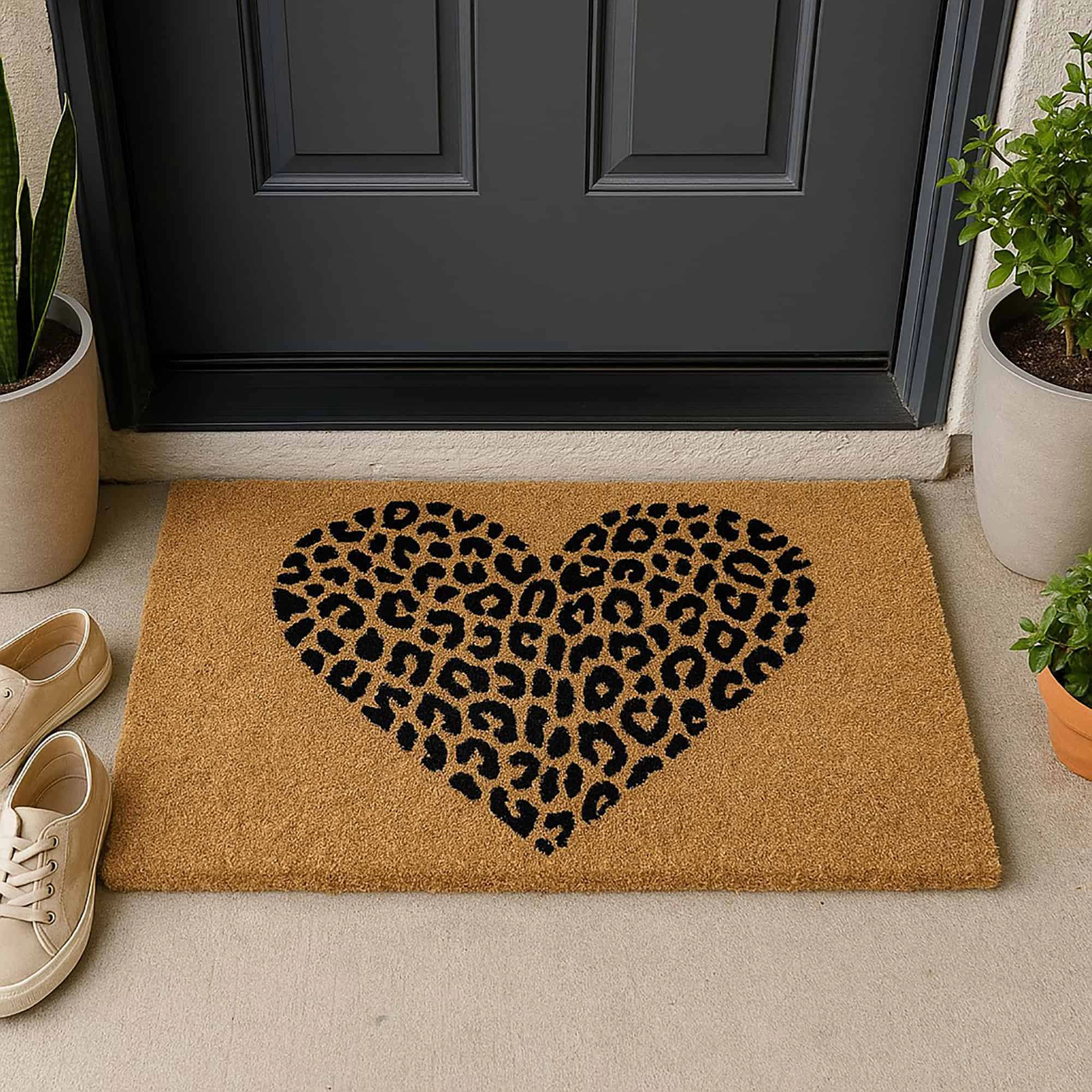 Evideco French Home Goods Natural and Black Leopard Heart Coir Doormat 30 x 18 Inches