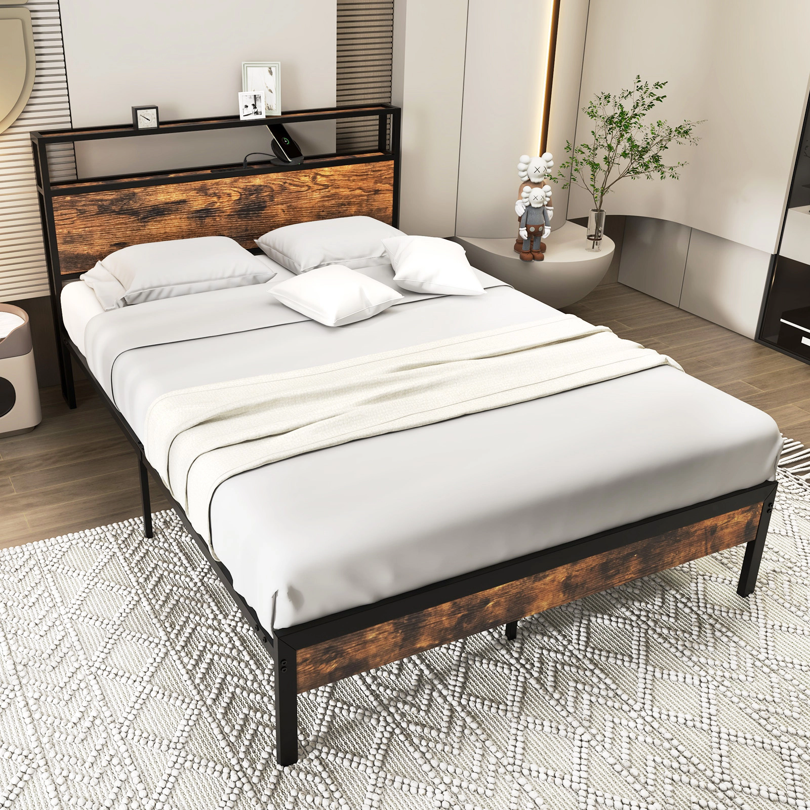 SUGIFT Full Bed Frame with 2-Tier Storage Headboard, Charging Station and 18W USB-C Port, Rustic Brown