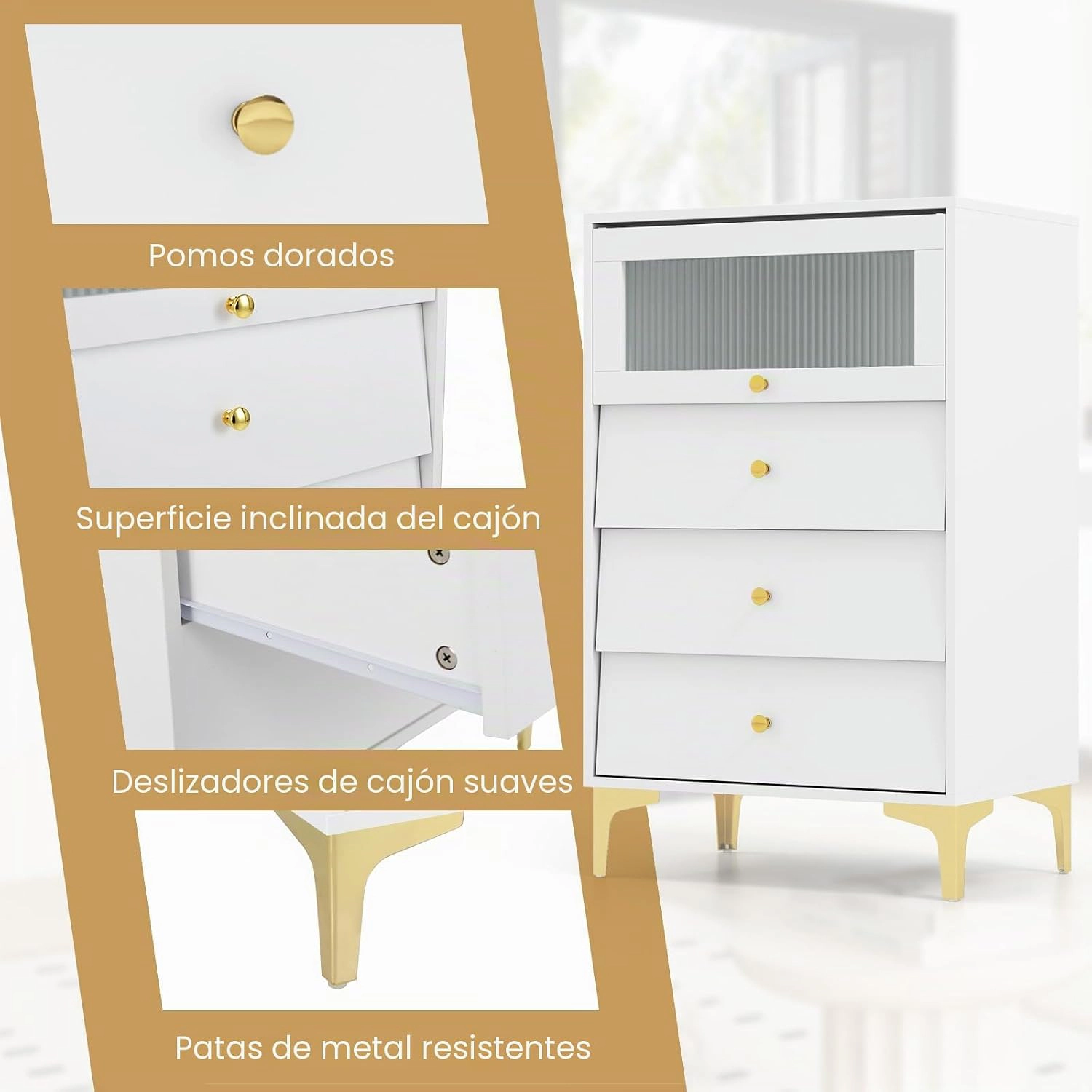 Slickblue Storage Cabinet with Fluted Glass Door and Three Pull Out Drawers