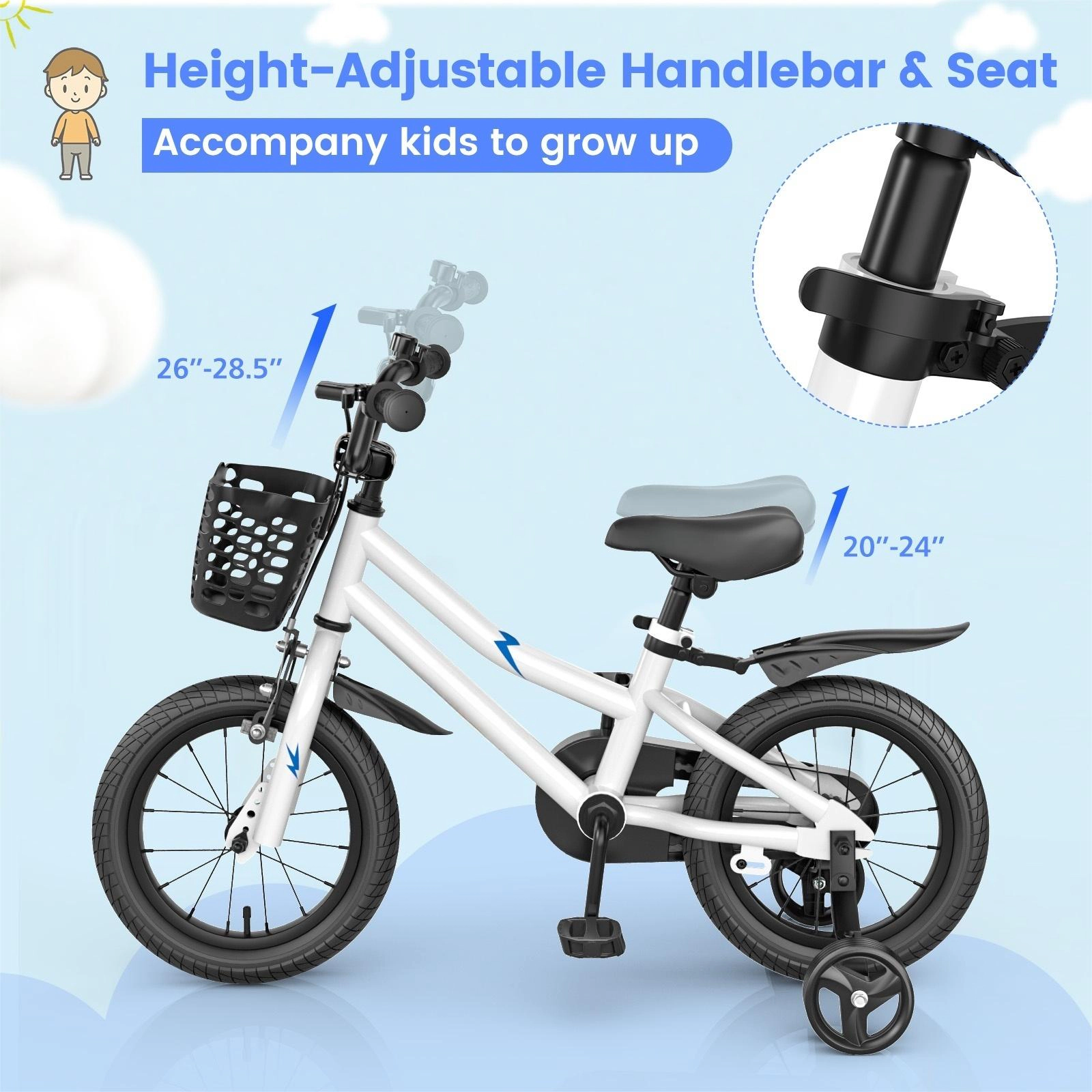 SUGIFT Height-Adjustable 14-In Kids Bicycle with Hand & Coaster Brakes 99-lb Seat Capacity Ages 3-5 with Training Wheels