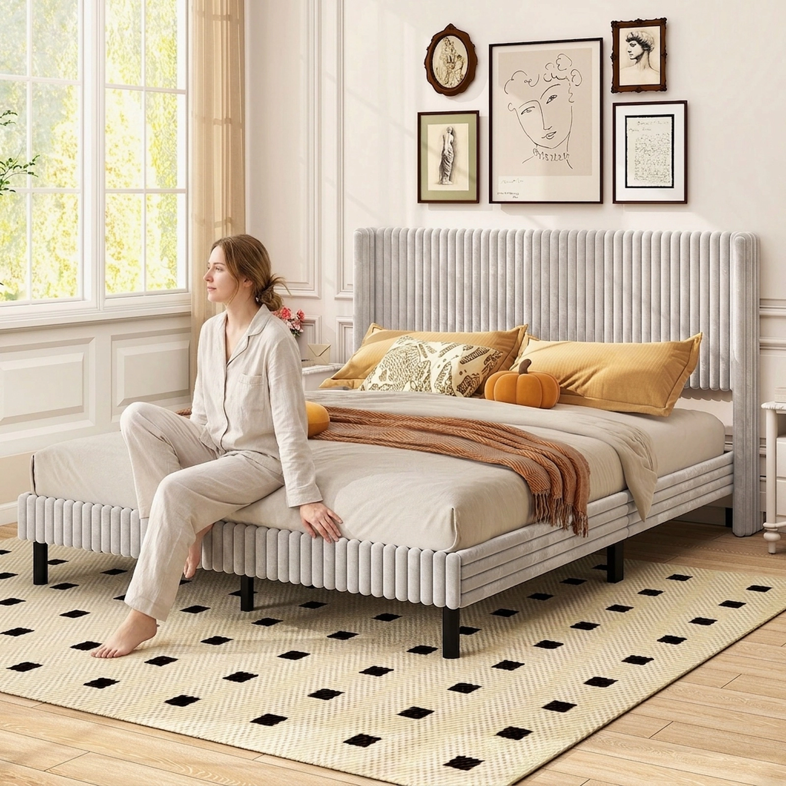 SUGIFT Queen Velvet Upholstered Platform Bed, White, Wingback Channel-Tufted Headboard, 800-lb Capacity
