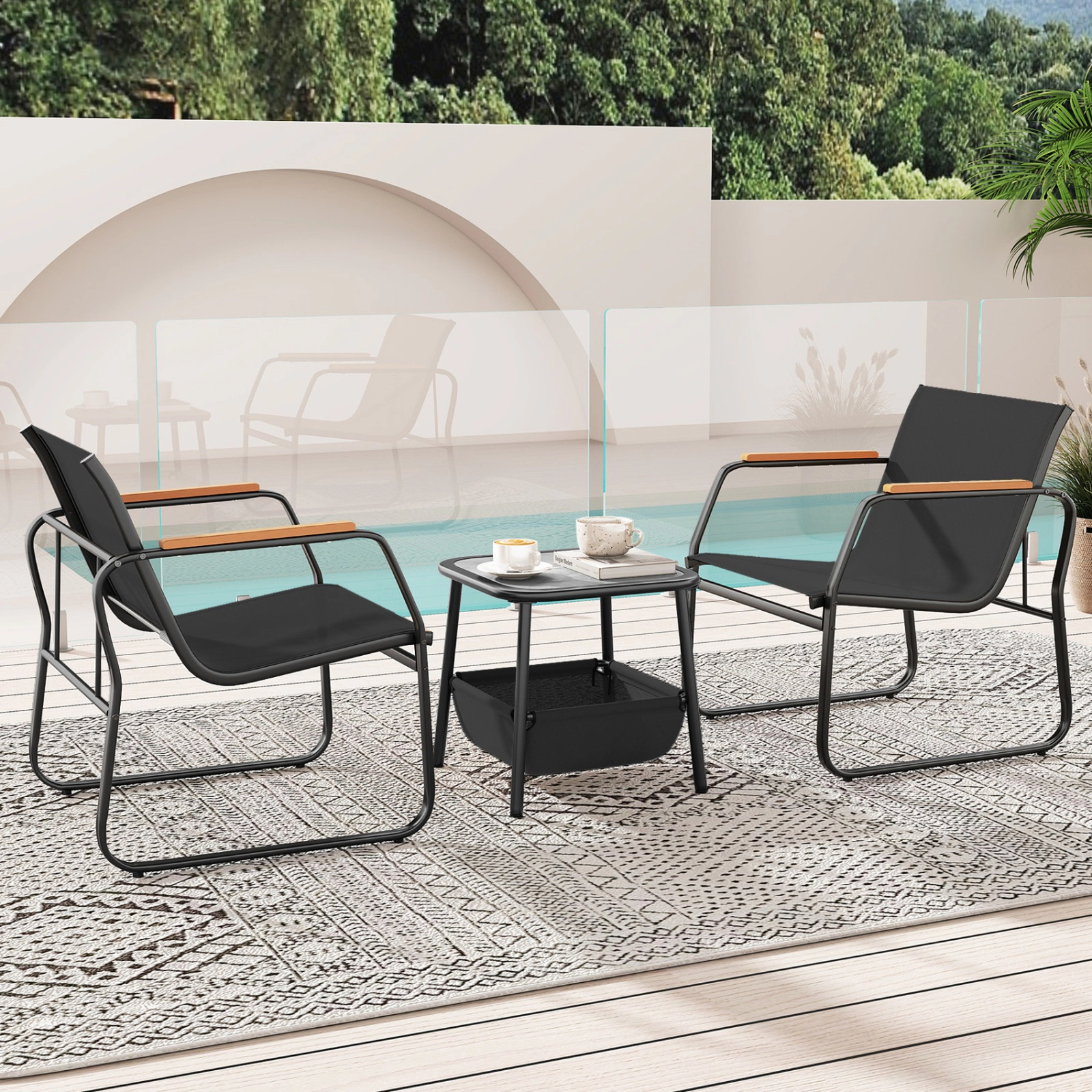 SUGIFT 3-Piece Brown Mesh Patio Bistro Set with 2 Armchairs and Storage Side Table