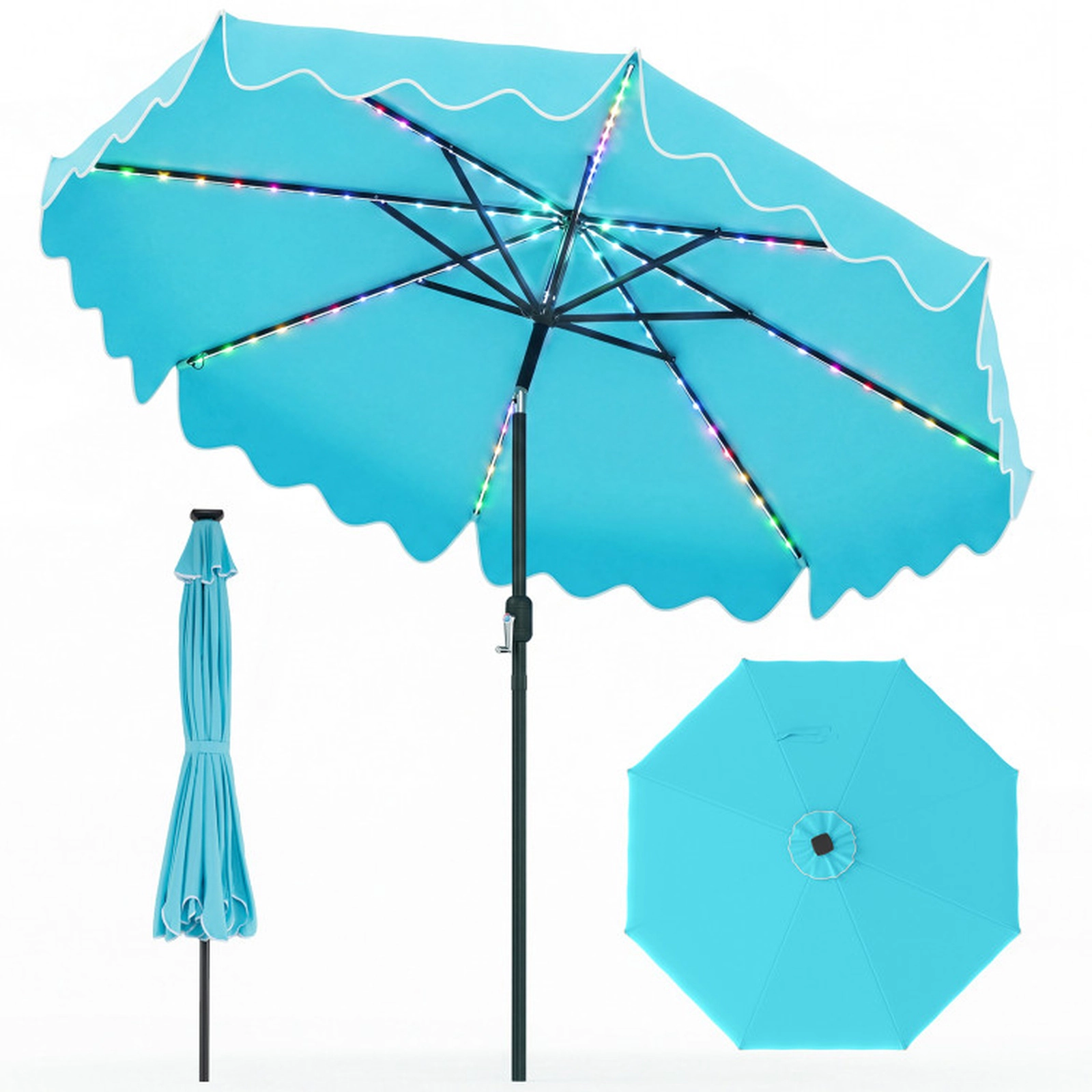 SUGIFT 9-ft Turquoise Solar Patio Umbrella with 104 Color-Changing LED Lights and Tool-Free Pole Connector