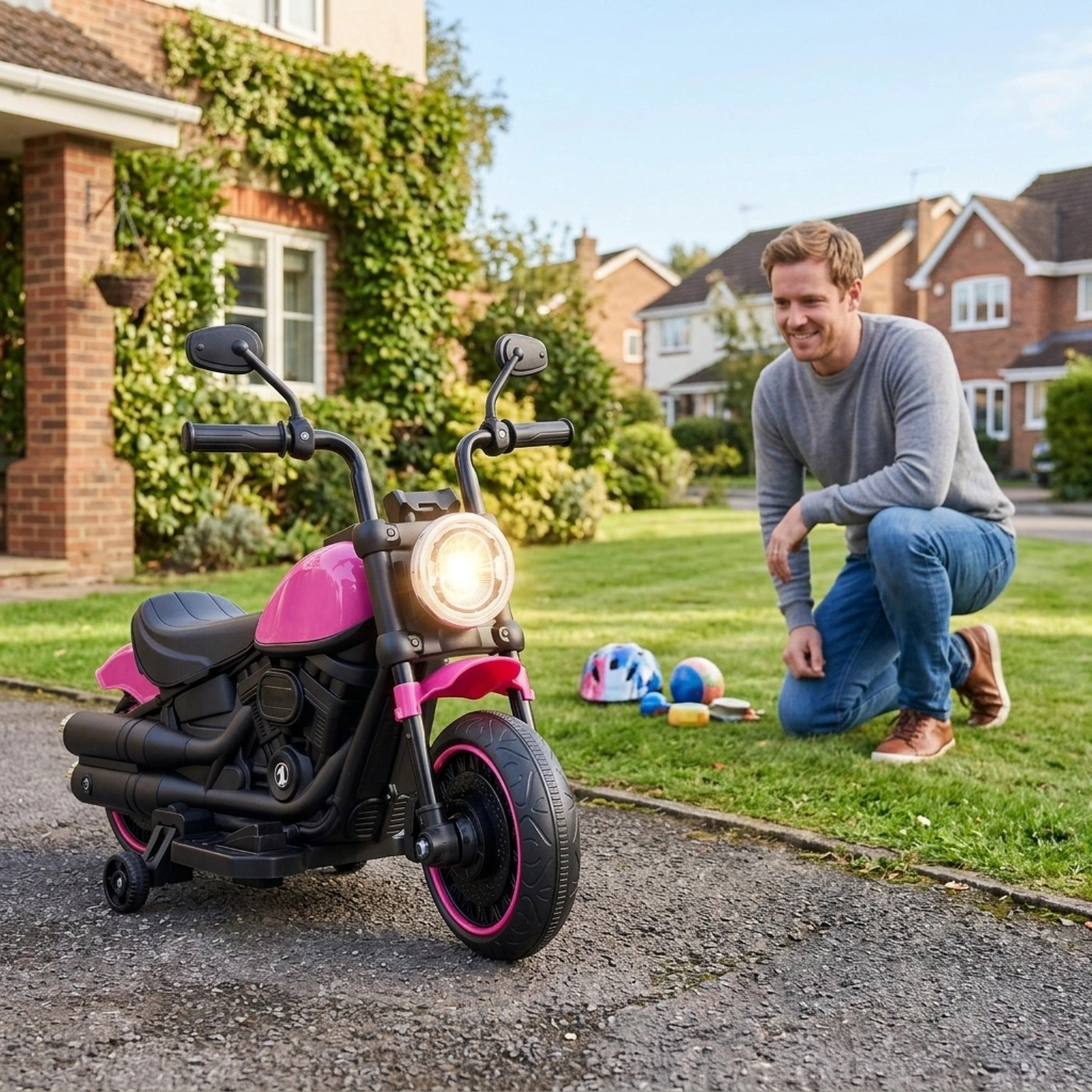 Toddler Electric Motorcycle Removable Training Wheels Slow Start LED Headlight 6V 18 Months+ 55-lb Capacity Pink