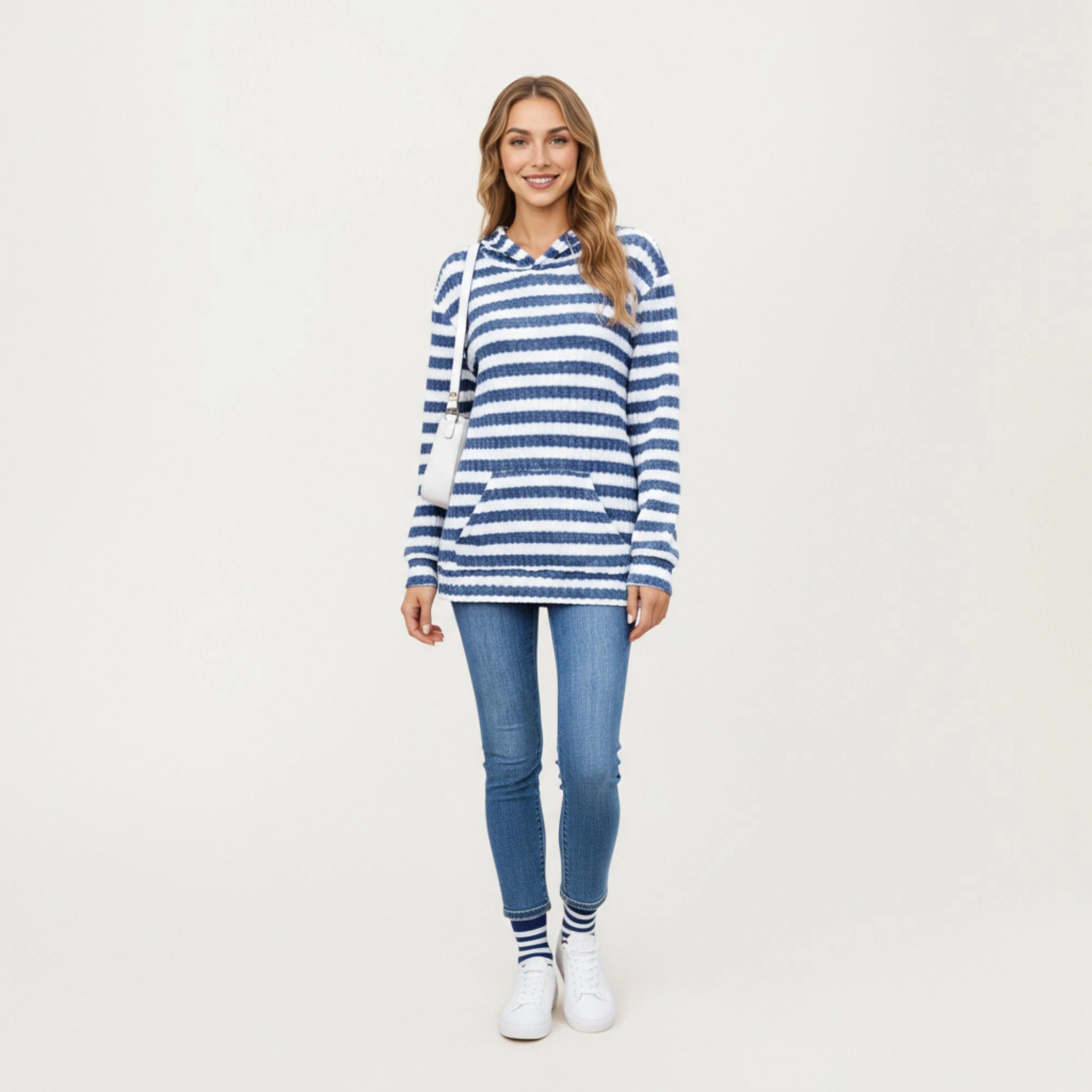 Anna-Kaci Women's Striped Ribbed Tunic Length Kangaroo Pocket Long Sleeve Knit Hoodie Top