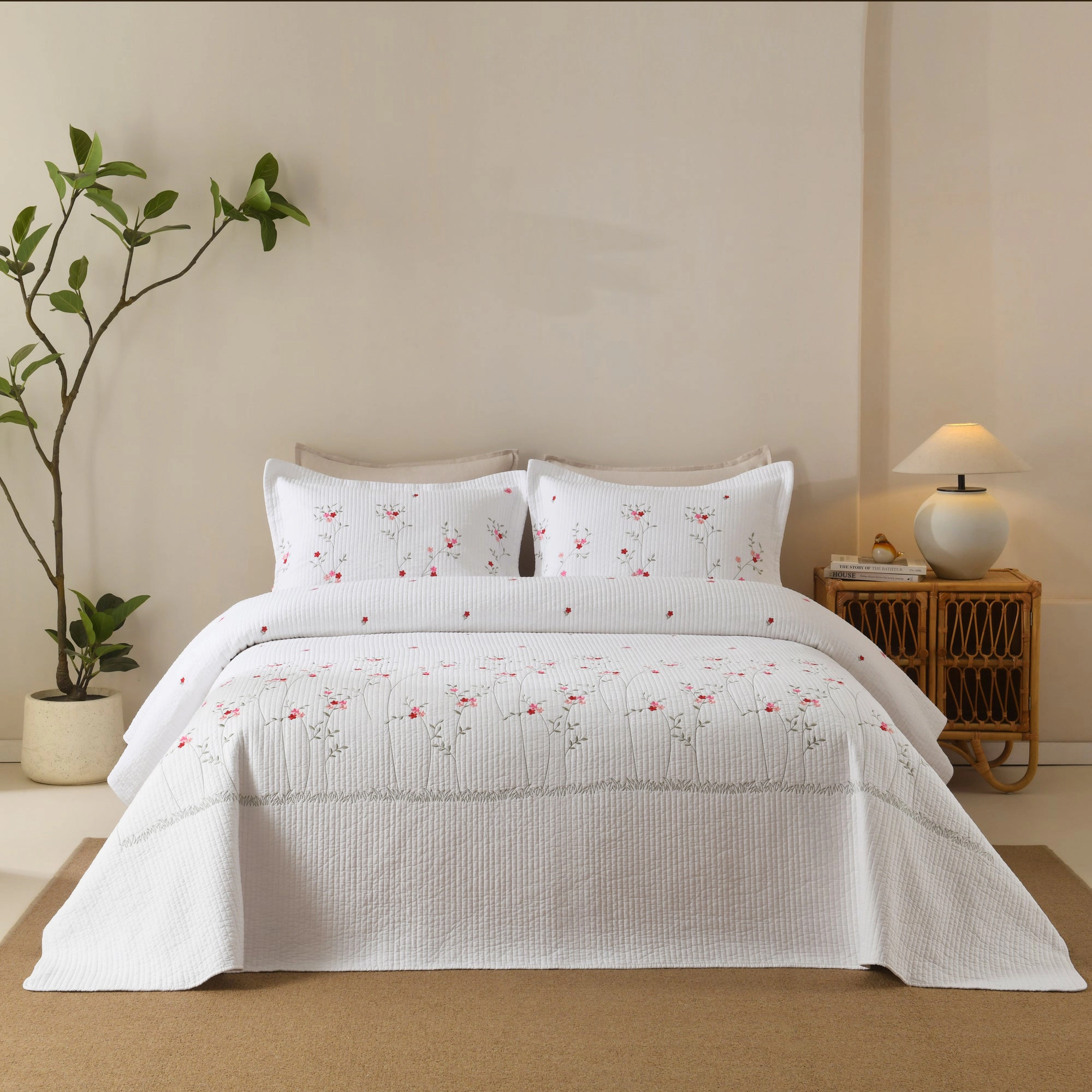 MarCielo 3 Pieces Cotton Floral Embroidered Quilt Bedspread Set,Luxury Bedding Set